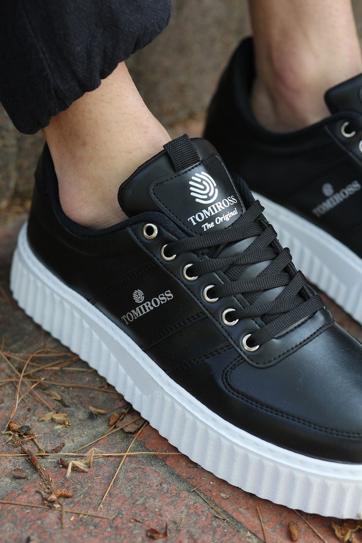 Zeno Siyah Beyaz Garantili Dikişli Kalın Taban Bağcıklı Erkek Ortopedik Günlük Sneaker Spor Ayakkabı - Görsel 5