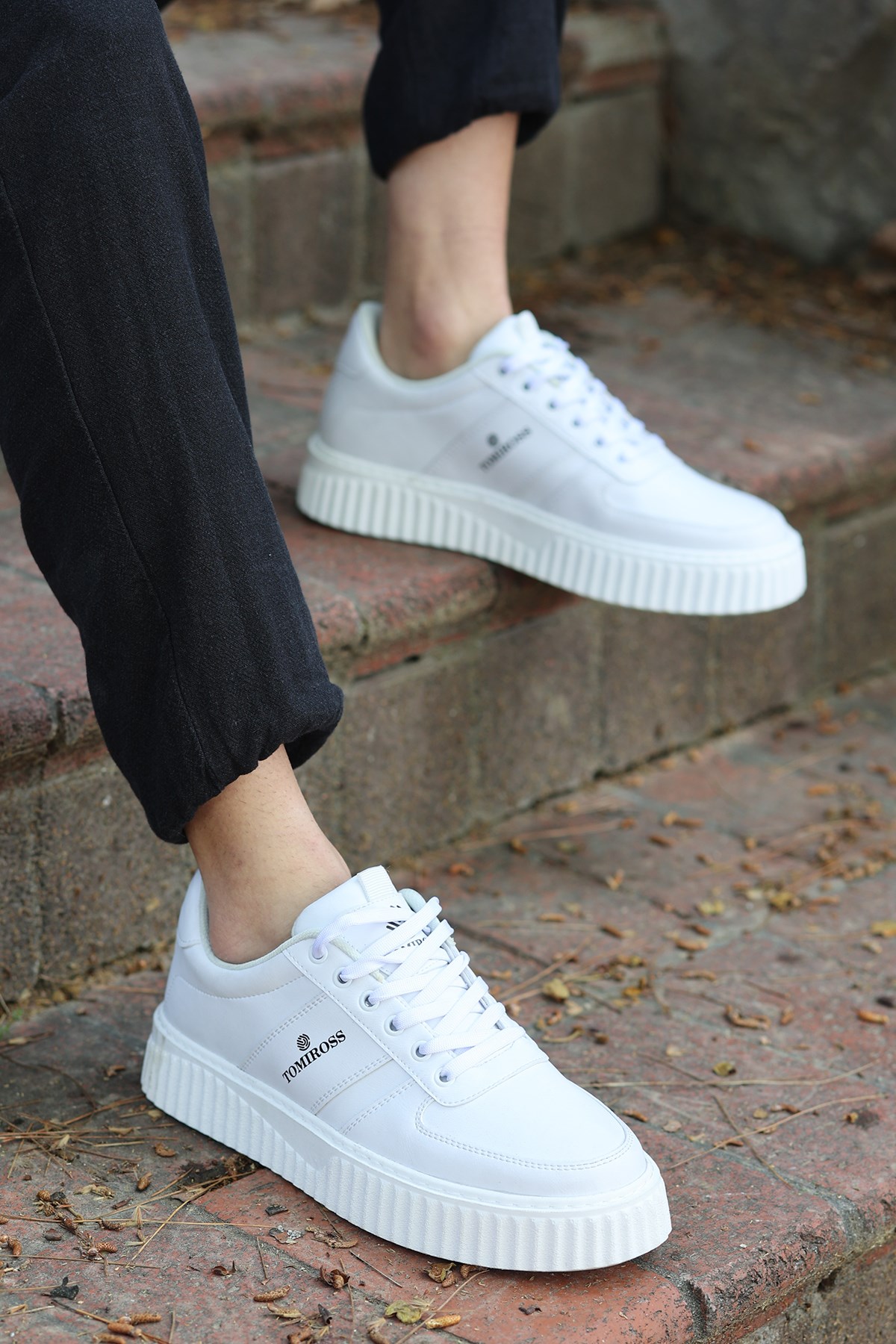 Zeno Beyaz Beyaz Garantili Dikişli Kalın Taban Bağcıklı Erkek Ortopedik Günlük Sneaker Spor Ayakkabı - Görsel 3