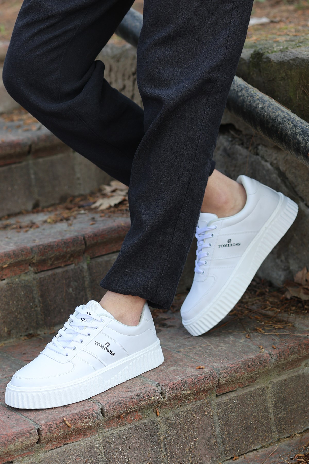 Zeno Beyaz Beyaz Garantili Dikişli Kalın Taban Bağcıklı Erkek Ortopedik Günlük Sneaker Spor Ayakkabı - Görsel 4