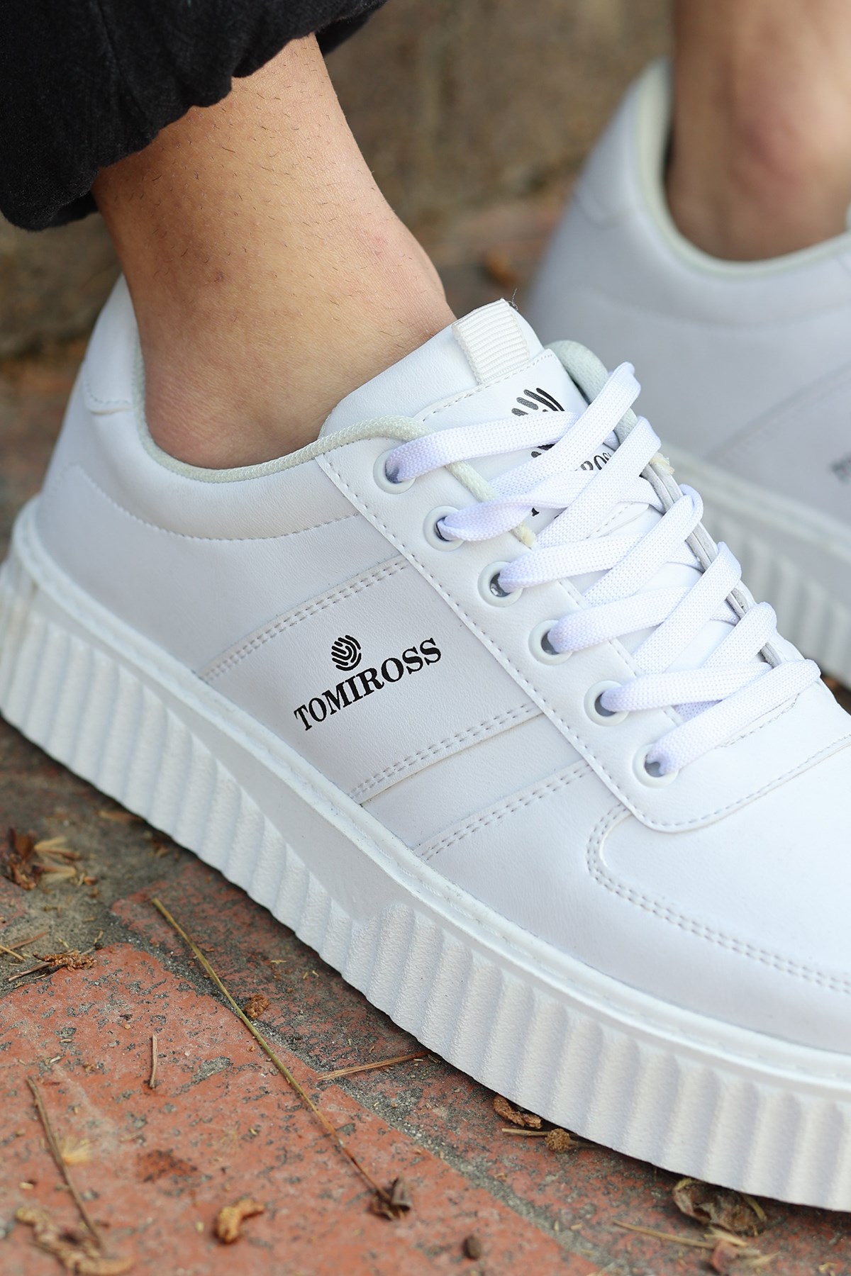 Zeno Beyaz Beyaz Garantili Dikişli Kalın Taban Bağcıklı Erkek Ortopedik Günlük Sneaker Spor Ayakkabı - Görsel 5