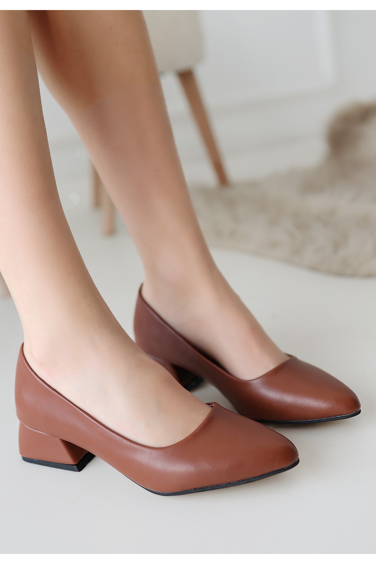 Taba Suni Deri Topuklu Kadın Ayakkabı - Görsel 3