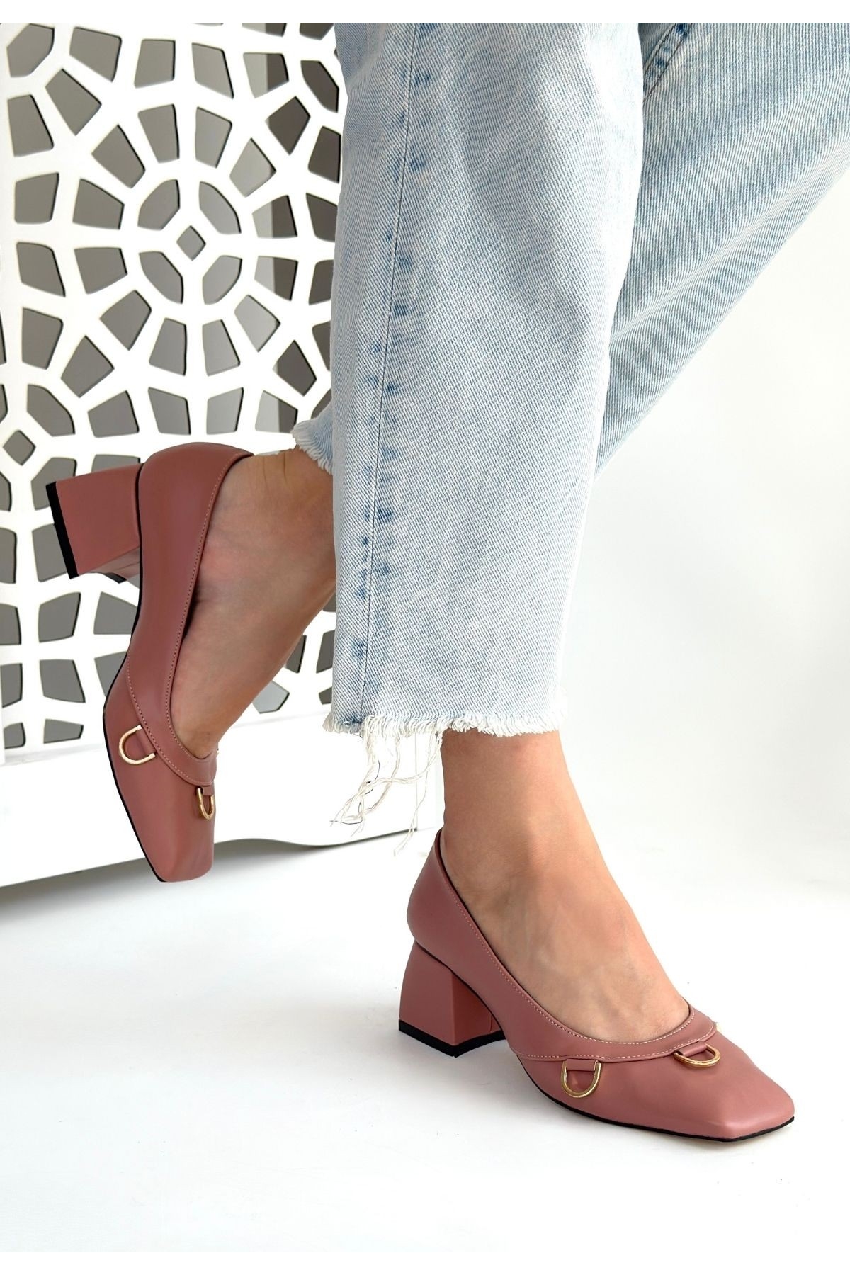 Pudra Suni Deri Kadın Topuklu Ayakkabı - Görsel 3
