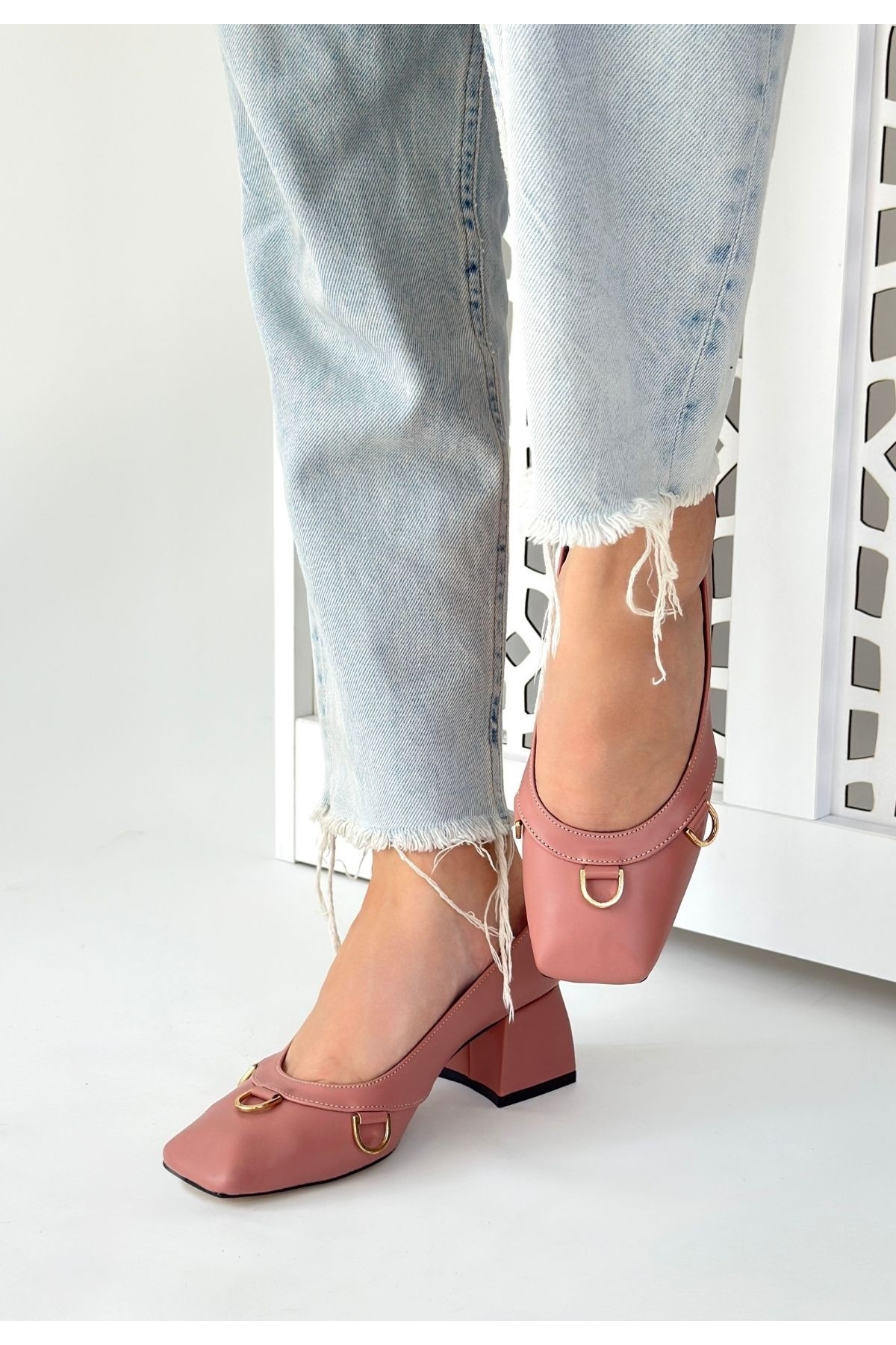 Pudra Suni Deri Kadın Topuklu Ayakkabı - Görsel 4