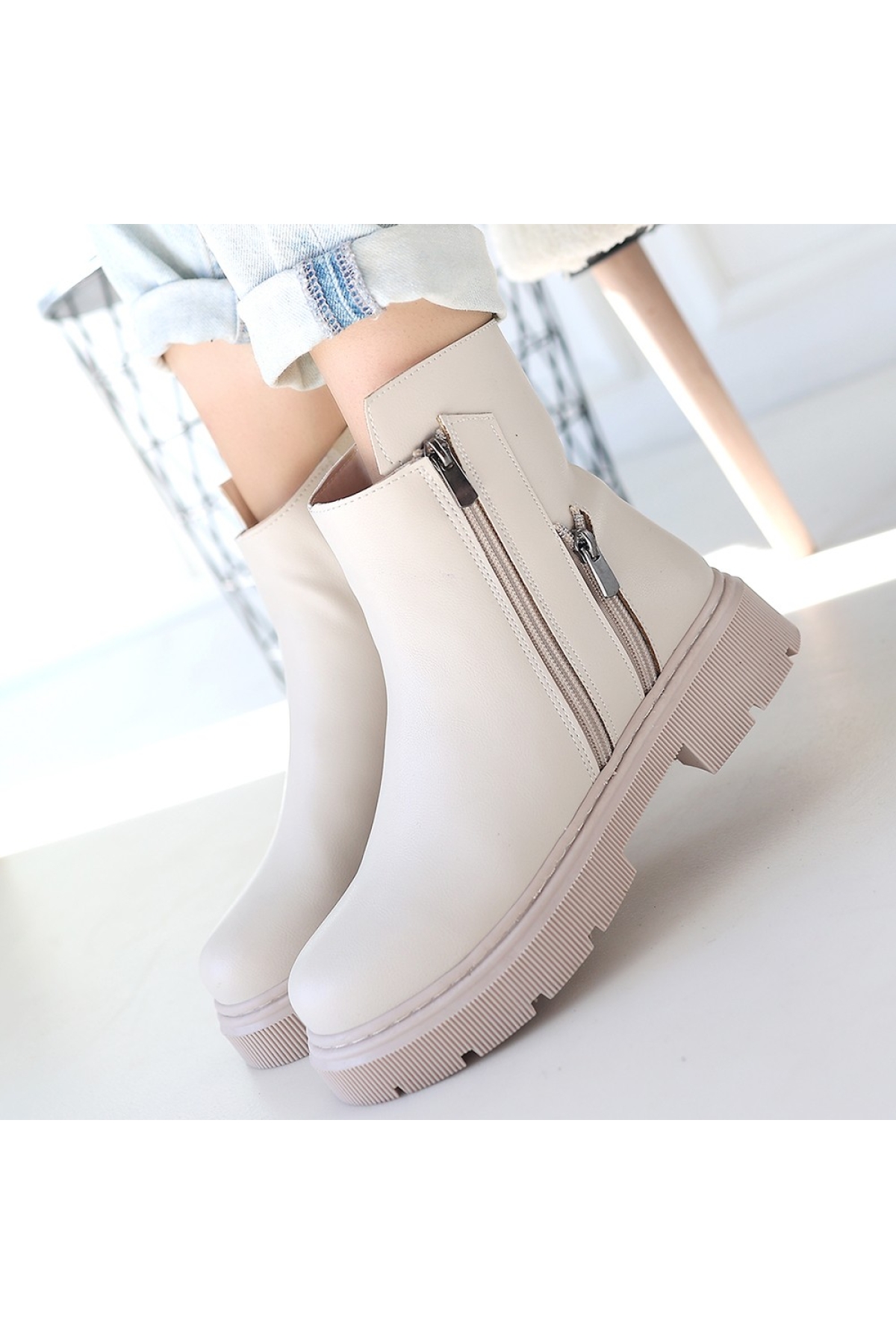 Kadın Bej Fermuar Aksesuarlı Günlük Bot - Görsel 5
