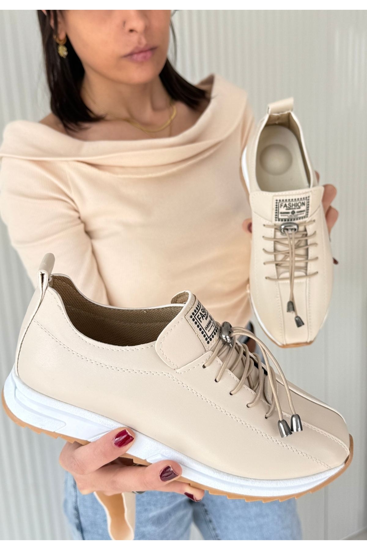 Bej Suni Deri Bağcıklı Kadın Sneaker Ayakkabı - Görsel 4