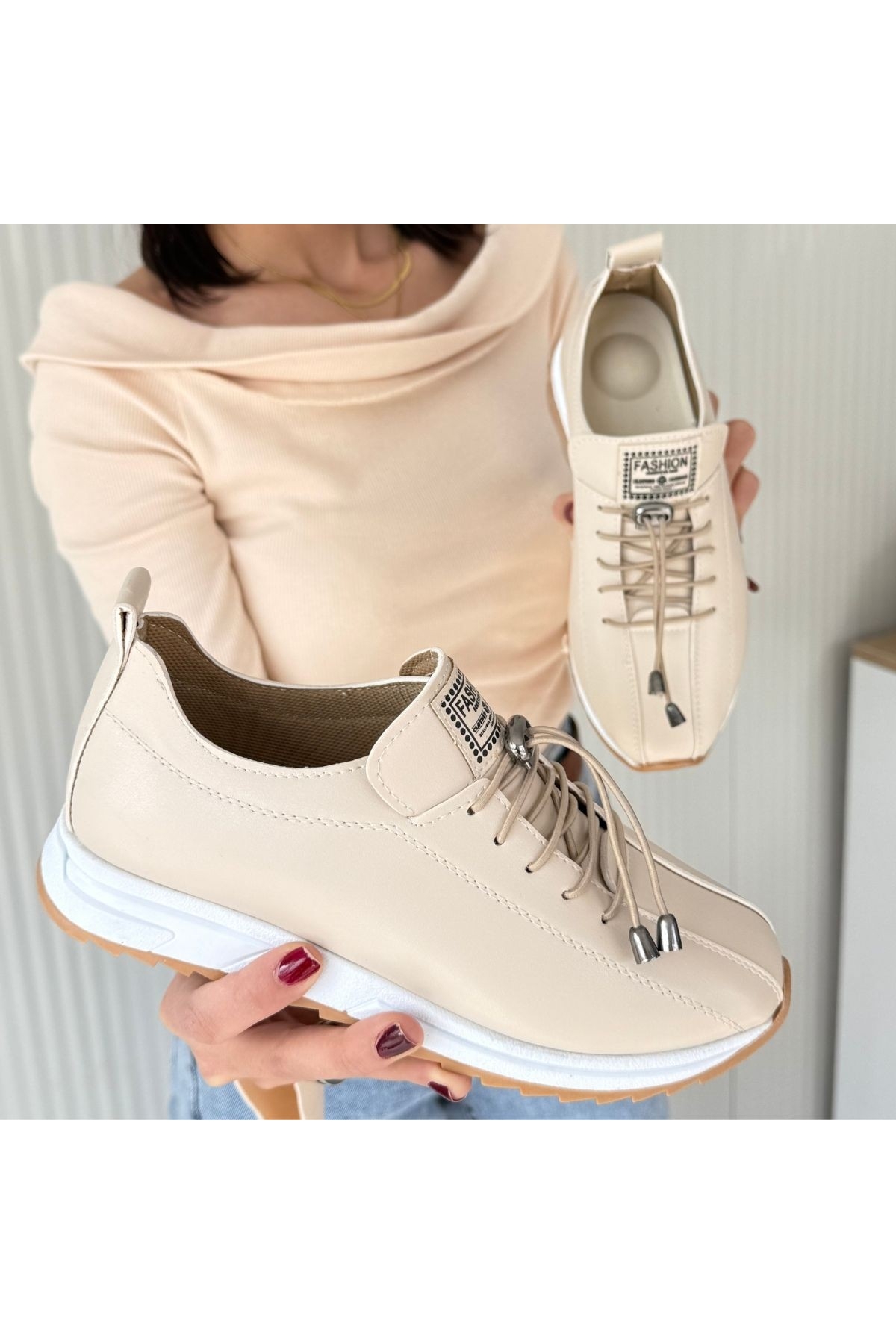 Bej Suni Deri Bağcıklı Kadın Sneaker Ayakkabı - Görsel 5