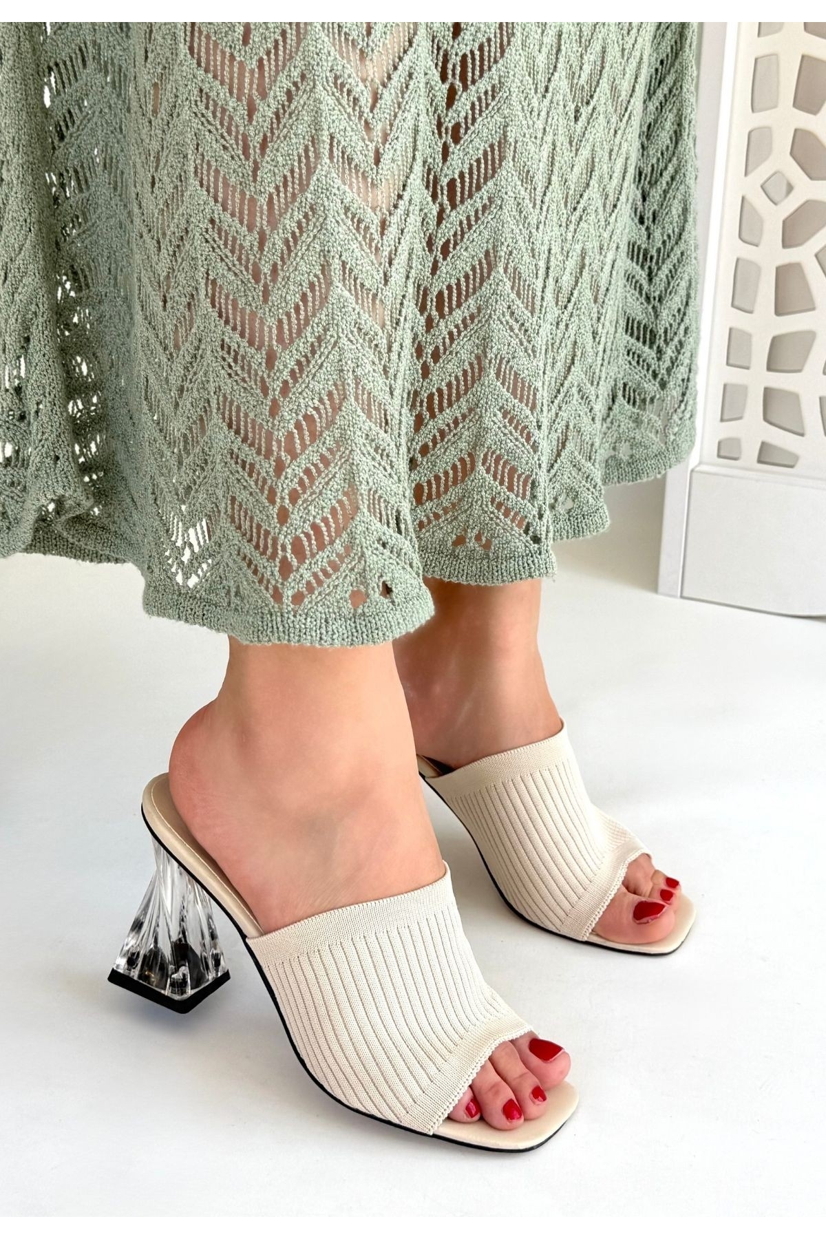 Kadın Ten Bej Triko Topuklu Terlik - Görsel 2