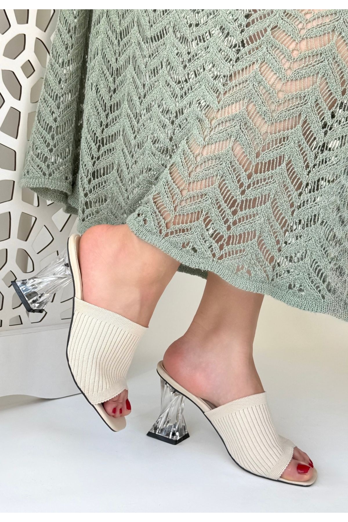 Kadın Ten Bej Triko Topuklu Terlik - Görsel 3