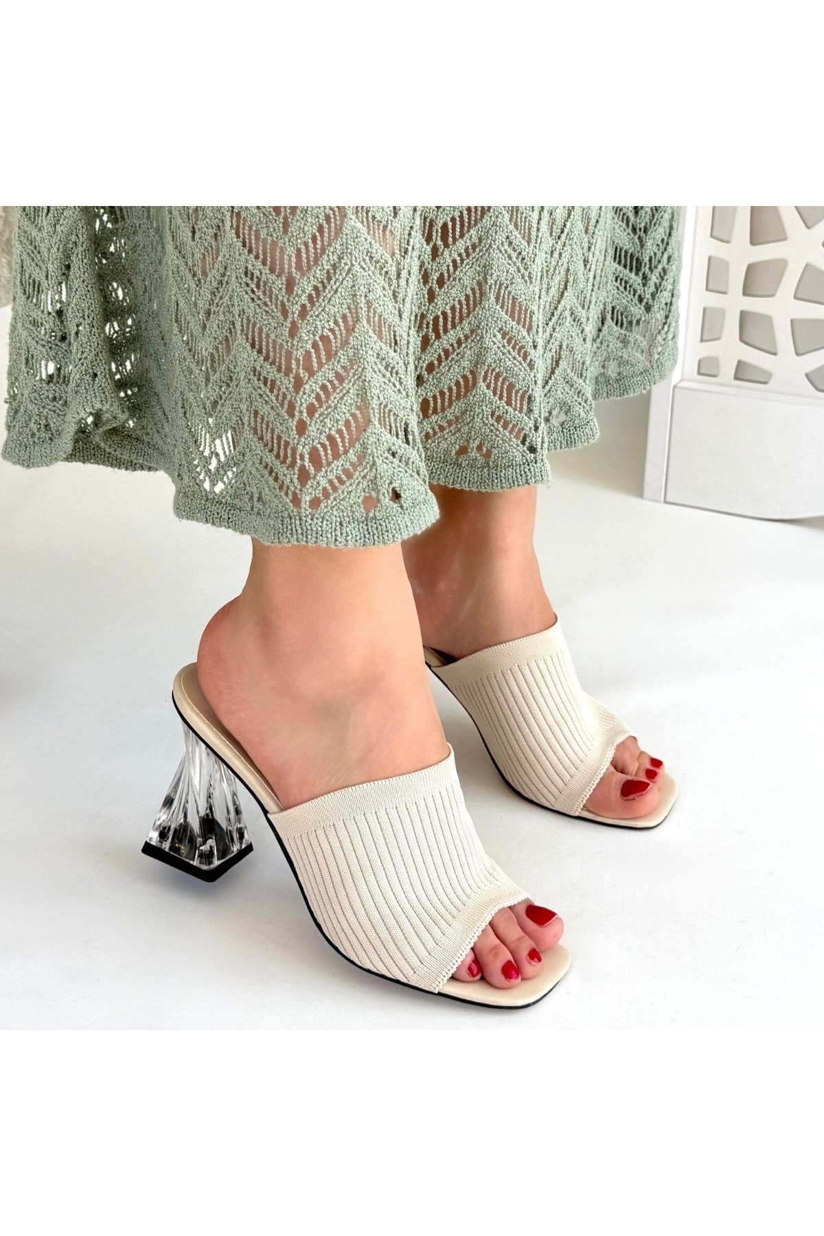 Kadın Ten Bej Triko Topuklu Terlik - Görsel 5