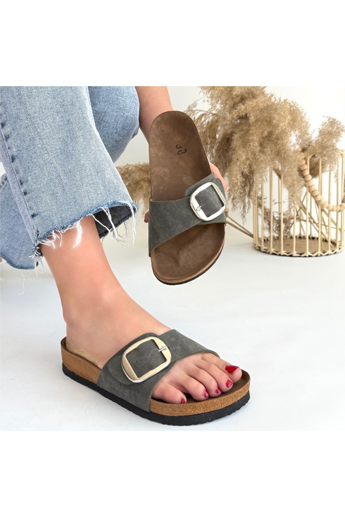 Yeşil Nubuk Kadın Düz Terlik - Görsel 5