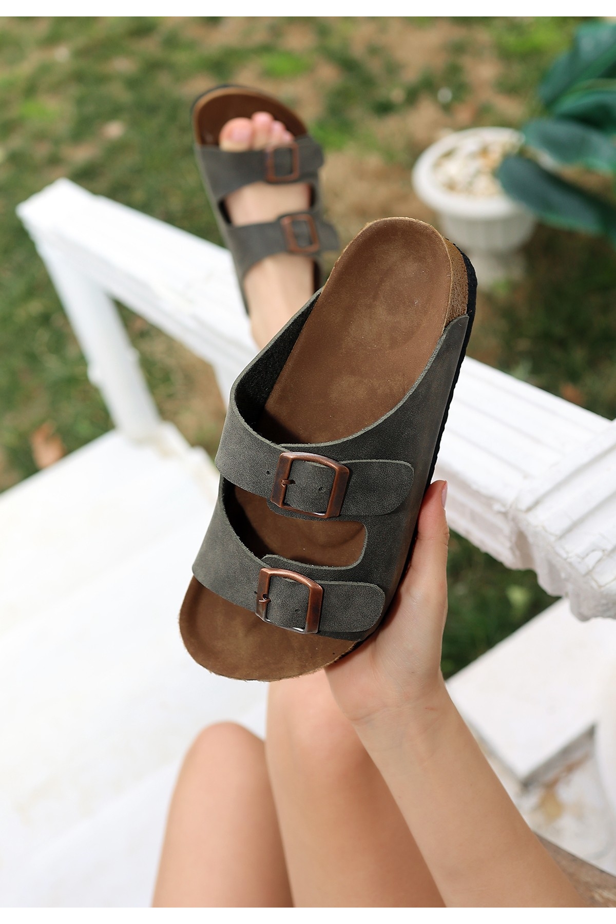 Kadın Haki Yeşil Nubuk Terlik - Görsel 3