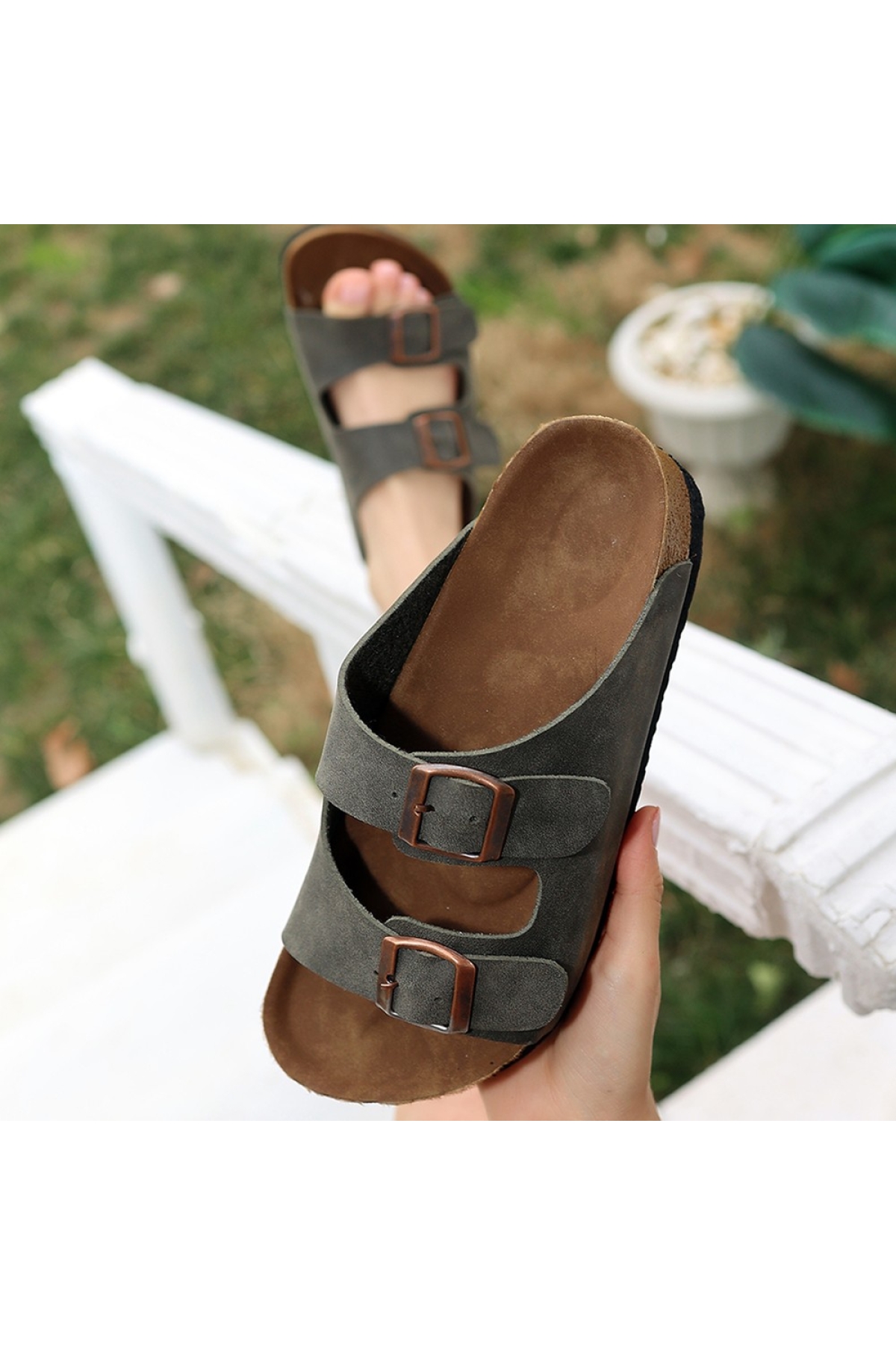 Kadın Haki Yeşil Nubuk Terlik - Görsel 5