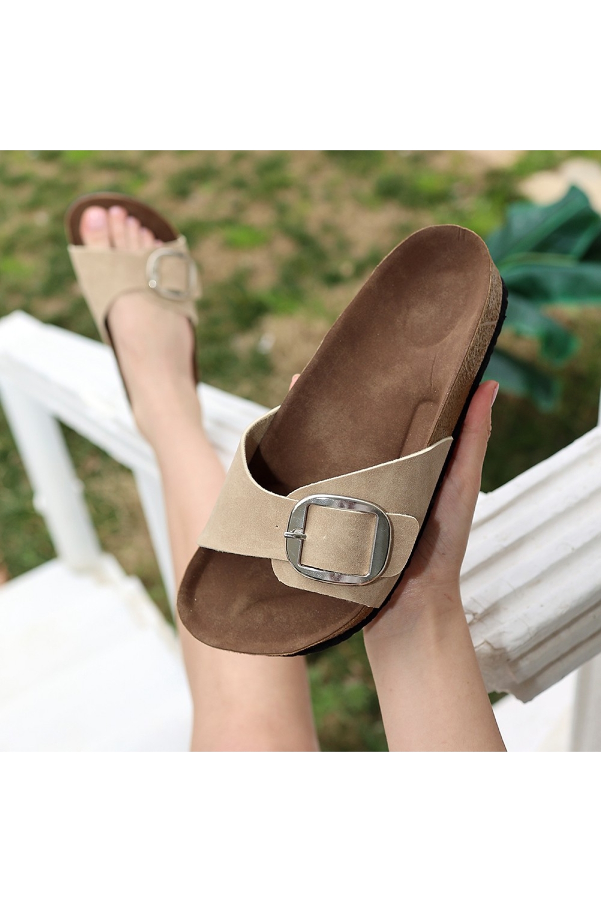 Bej Nubuk Kadın Düz Terlik - Görsel 5