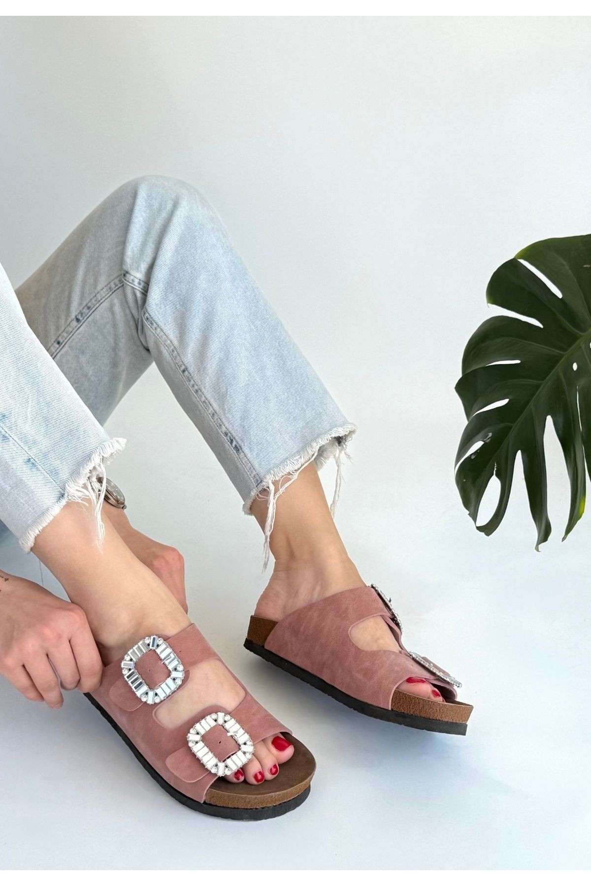 Kadın Pudra Nubuk Suni Deri Terlik - Görsel 2