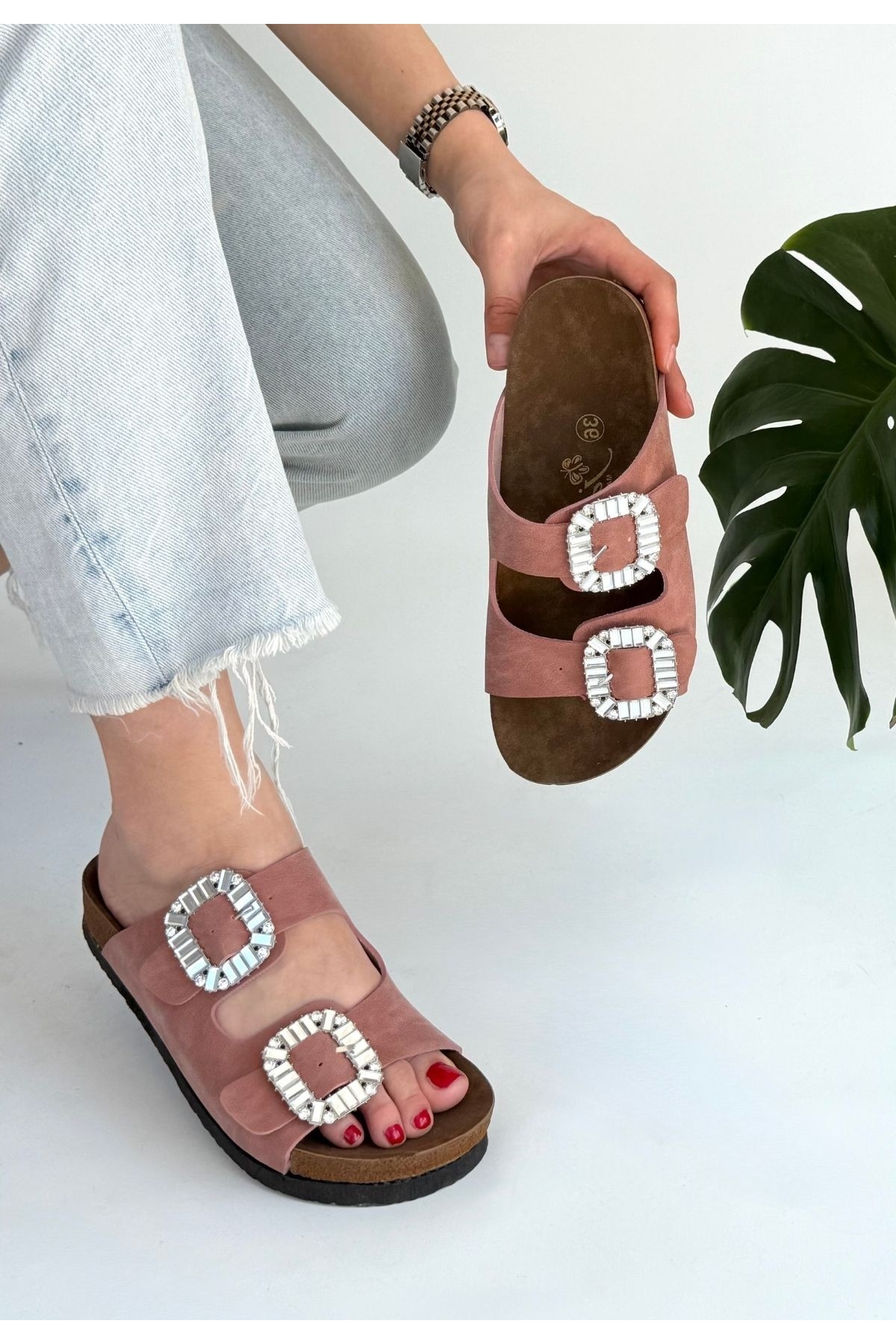 Kadın Pudra Nubuk Suni Deri Terlik - Görsel 3