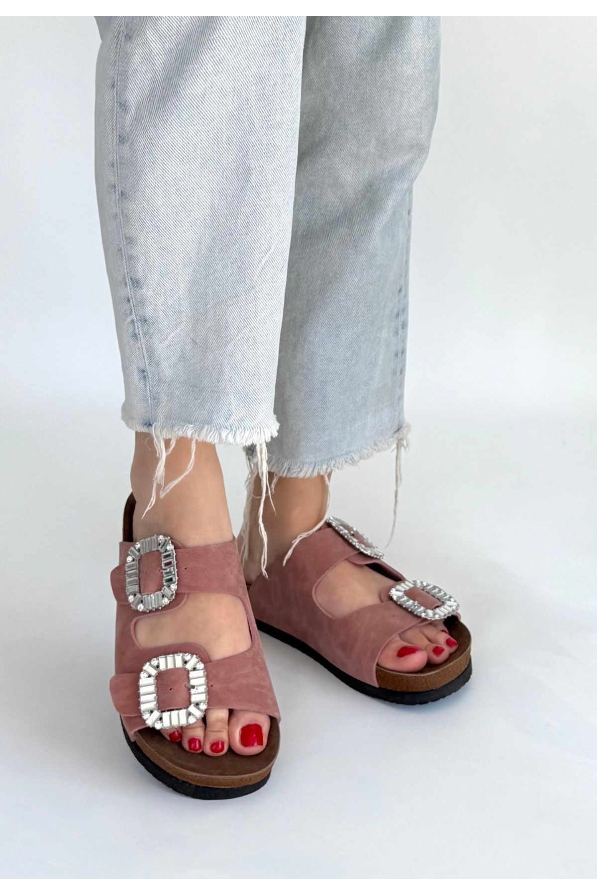 Kadın Pudra Nubuk Suni Deri Terlik - Görsel 4