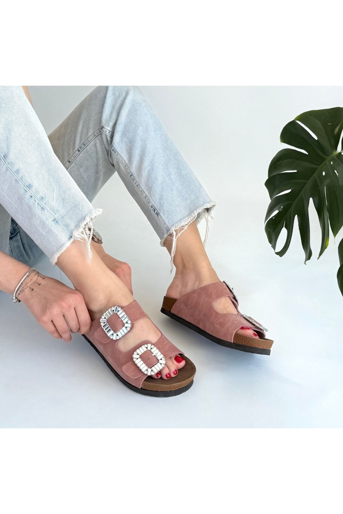 Kadın Pudra Nubuk Suni Deri Terlik - Görsel 5