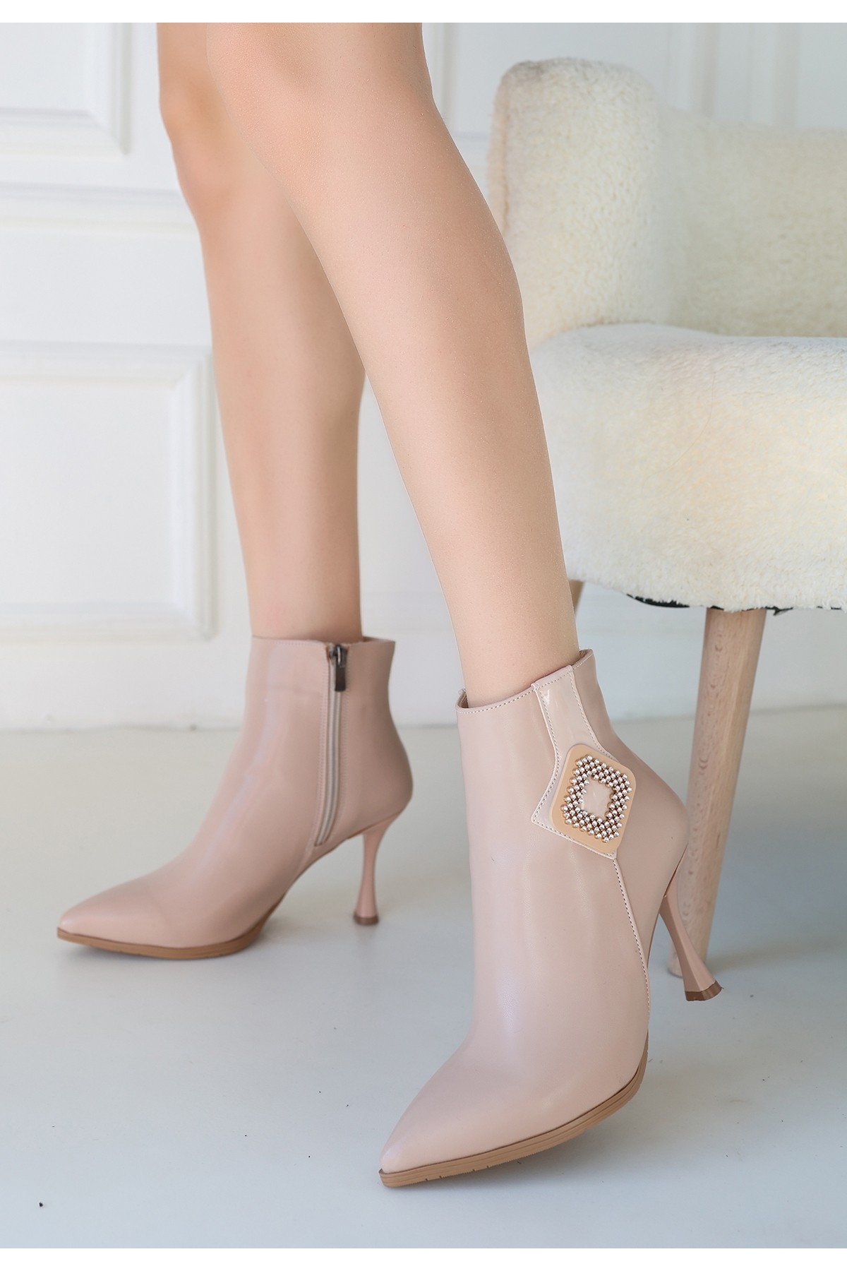 Nut Nude Suni Deri Topuklu Kadın Bot - Görsel 2