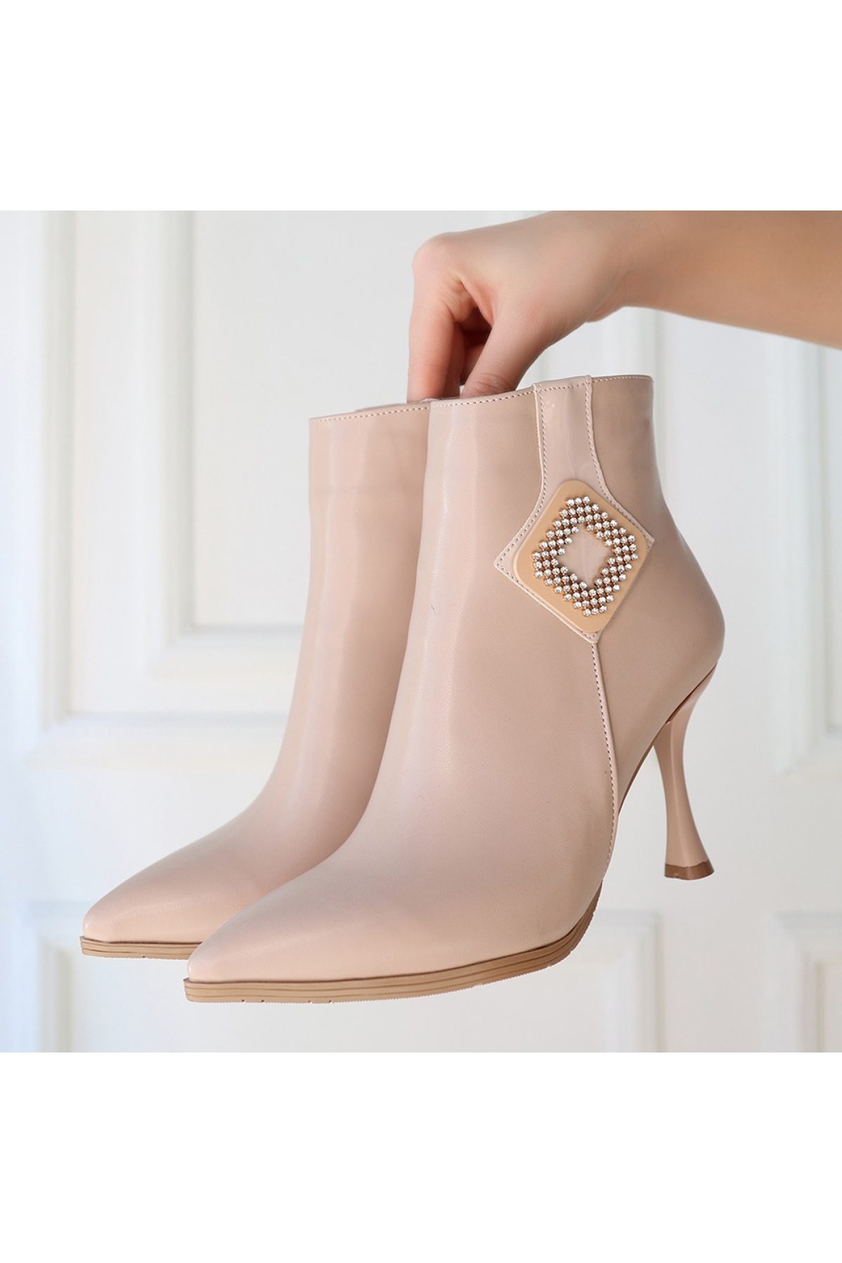 Nut Nude Suni Deri Topuklu Kadın Bot - Görsel 5