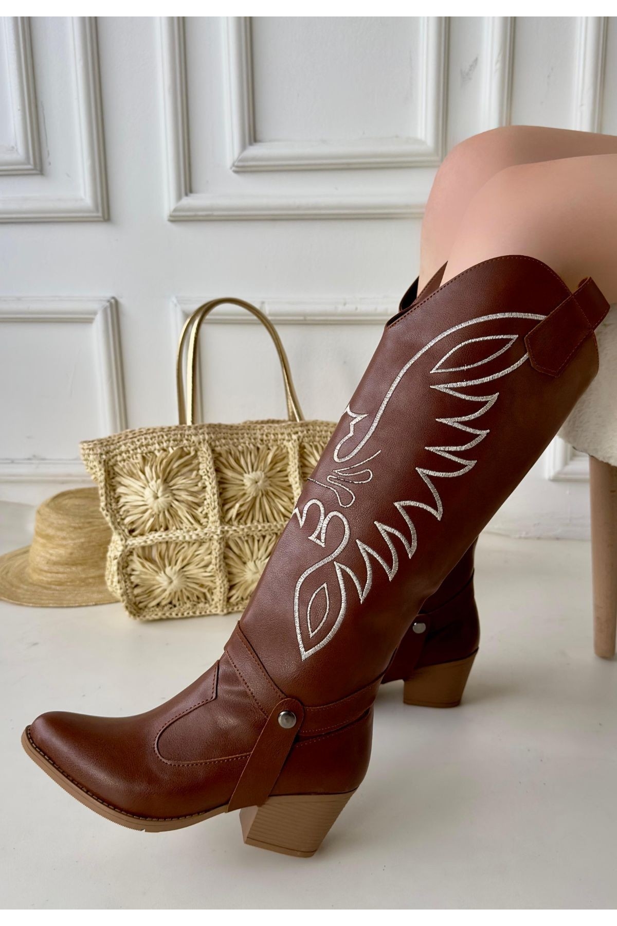 Taba Suni Deri Tak Çıkar Kadın Topuklu Bot Ve Çizme - Görsel 2