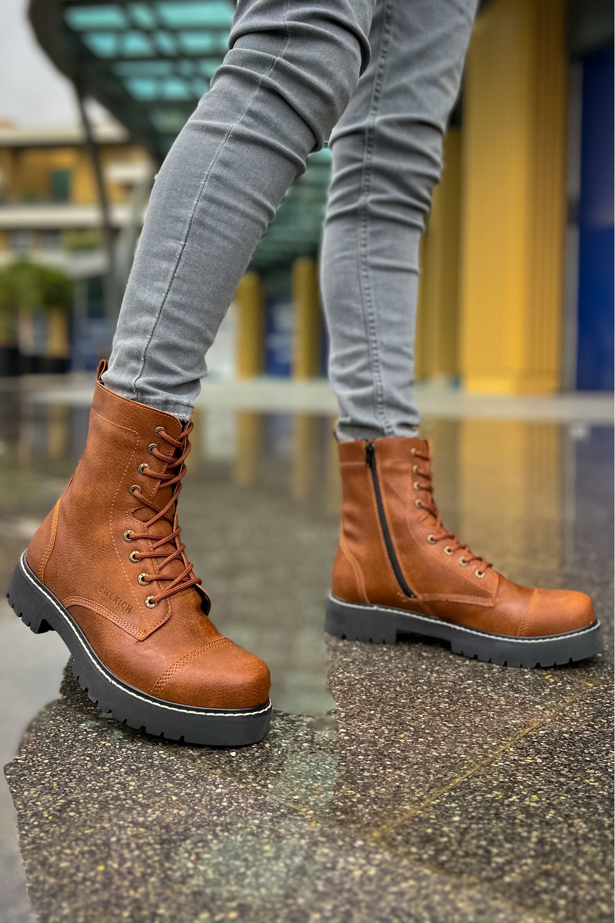 Fermuarlı Bağcık Detaylı Erkek Worker Bot Taba - Görsel 2