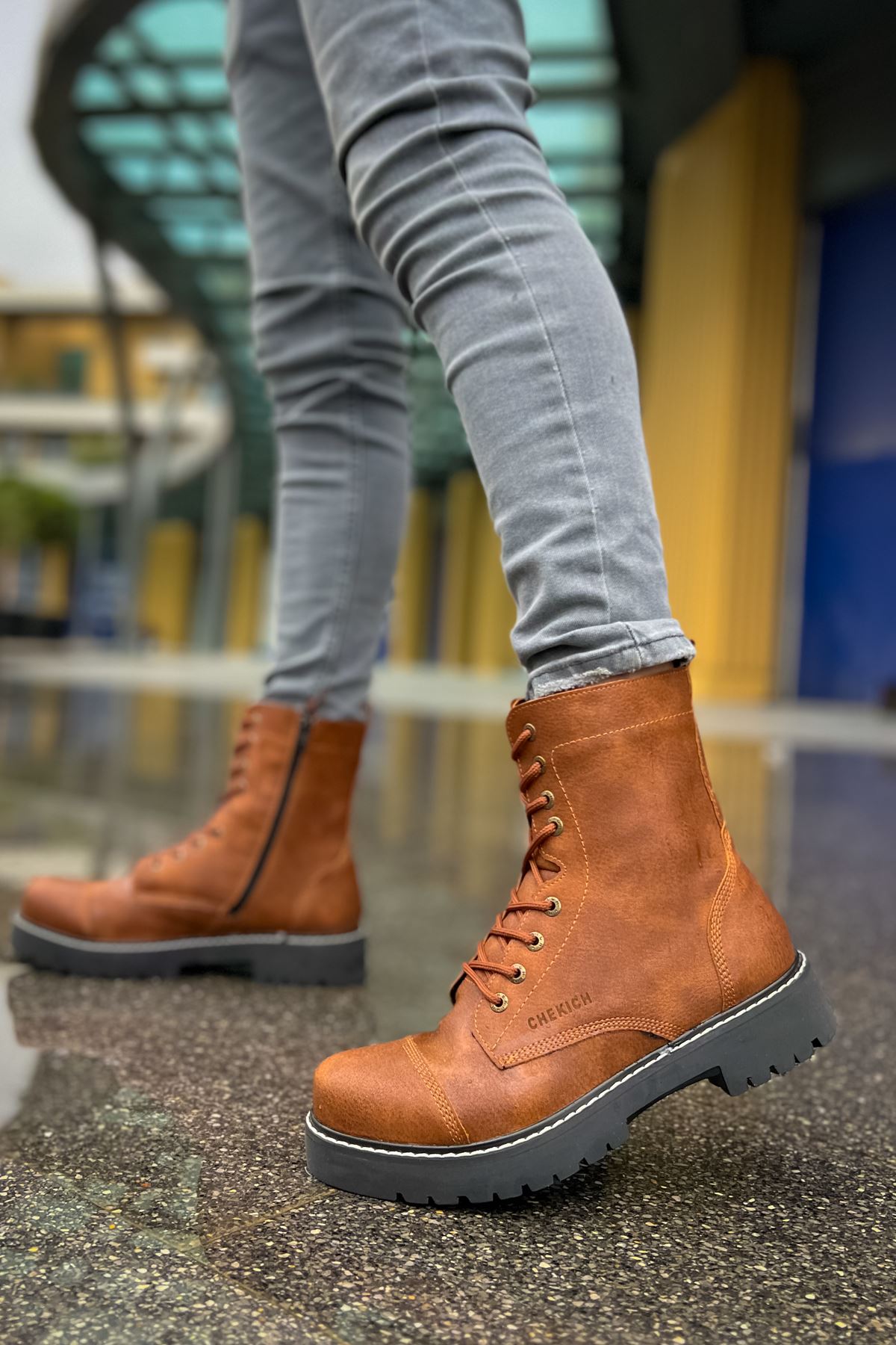 Fermuarlı Bağcık Detaylı Erkek Worker Bot Taba - Görsel 3