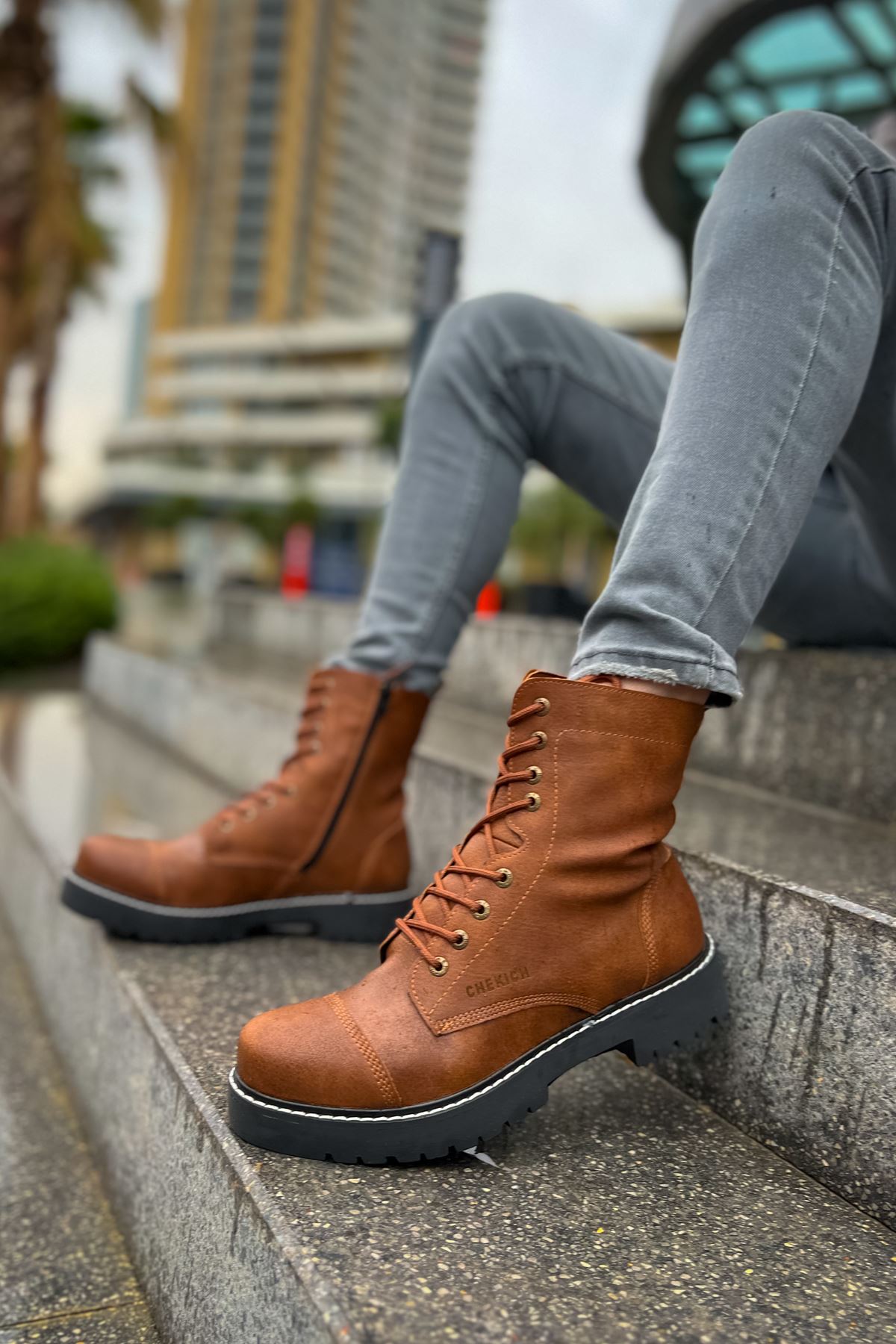 Fermuarlı Bağcık Detaylı Erkek Worker Bot Taba - Görsel 4