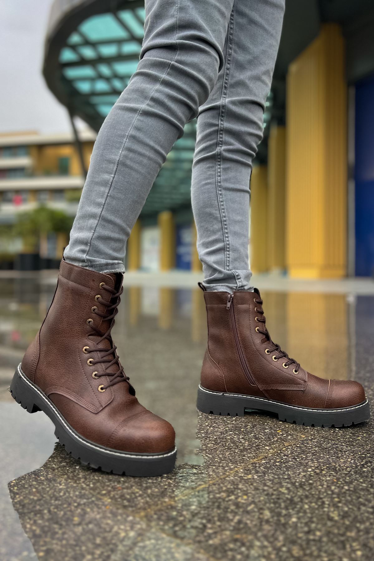 Fermuarlı Bağcık Detaylı Erkek Worker Bot Kahve - Görsel 3