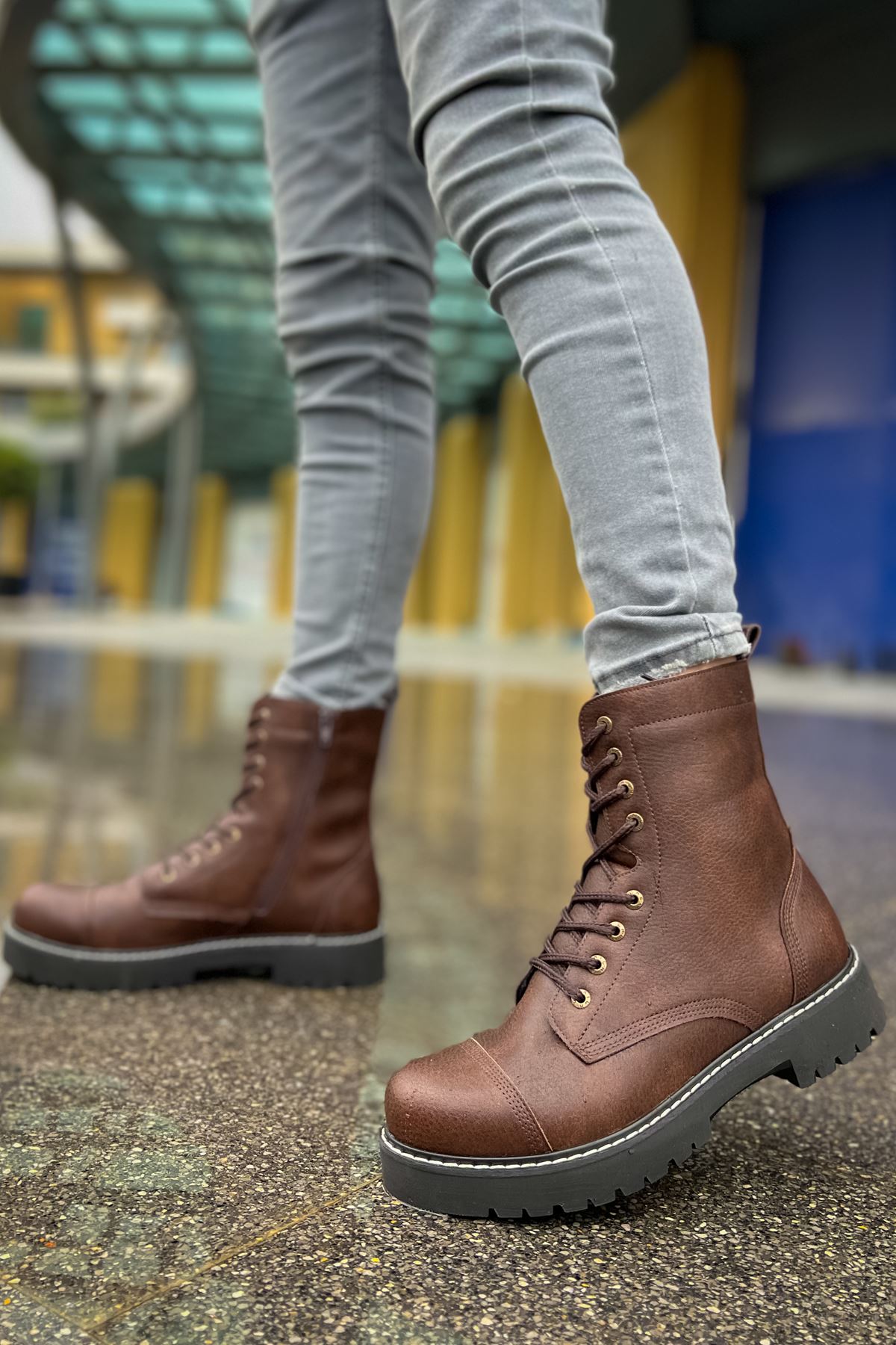 Fermuarlı Bağcık Detaylı Erkek Worker Bot Kahve - Görsel 4