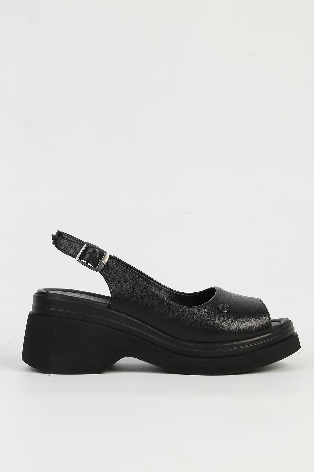 Hakiki Deri Siyah Kadın Topuklu Ayakkabı PC-54645 - Görsel 2