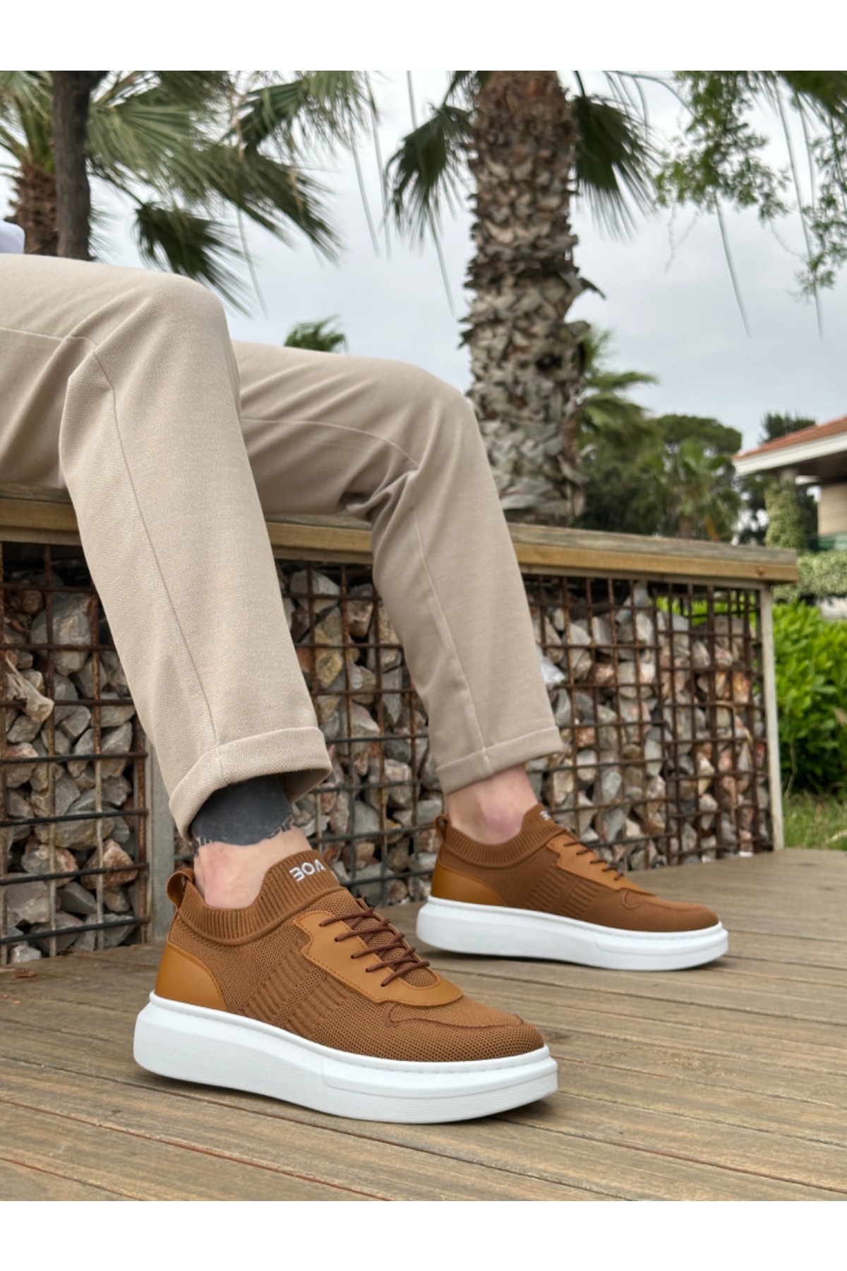 Bağcık Detaylı Triko Erkek Spor Ayakkabı TABA (BEYAZ TABAN) - Görsel 2