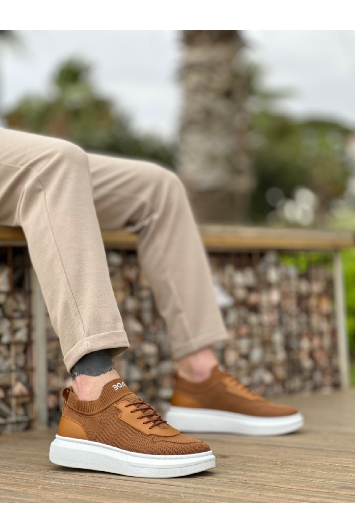 Bağcık Detaylı Triko Erkek Spor Ayakkabı TABA (BEYAZ TABAN) - Görsel 4