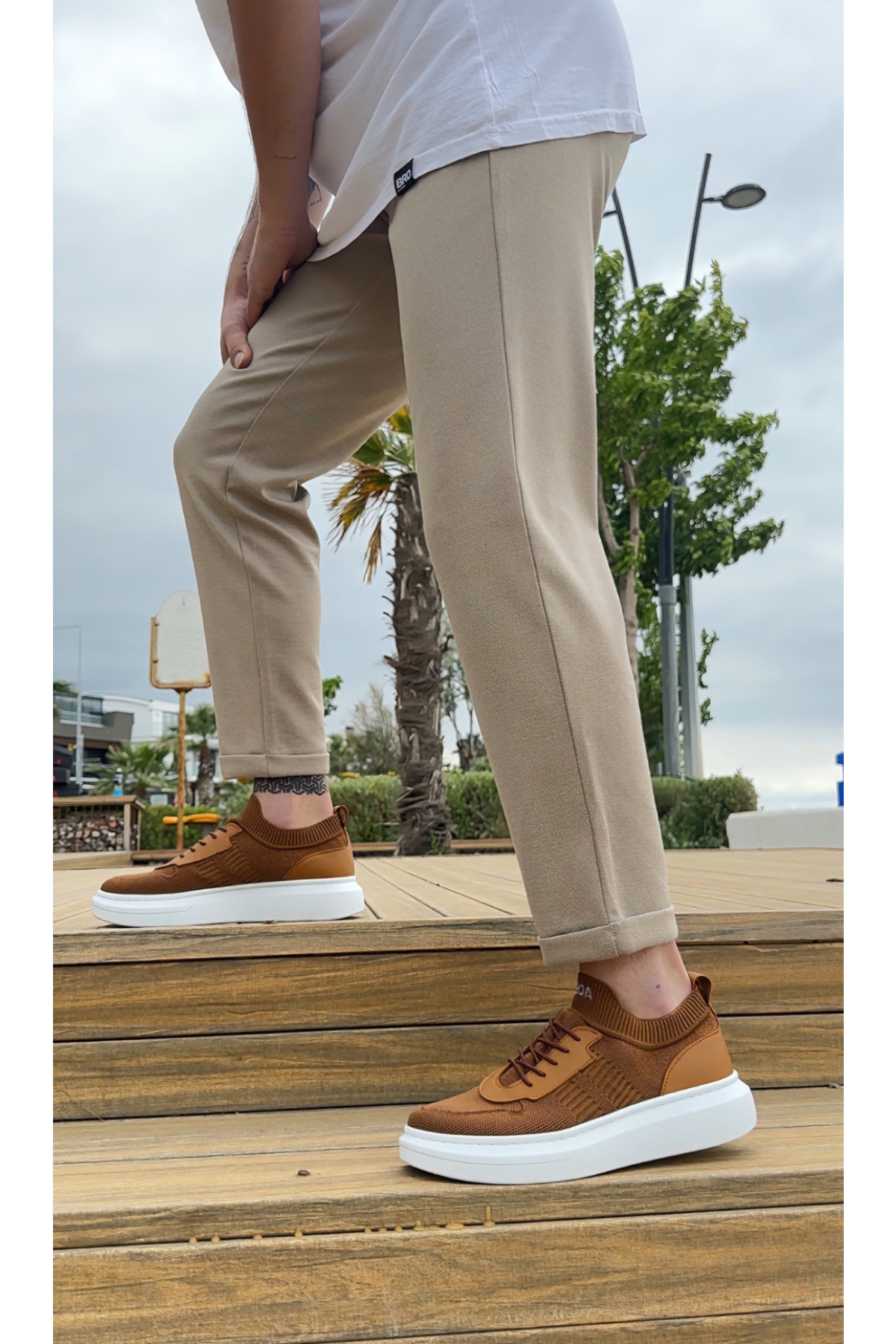 Bağcık Detaylı Triko Erkek Spor Ayakkabı TABA (BEYAZ TABAN) - Görsel 6