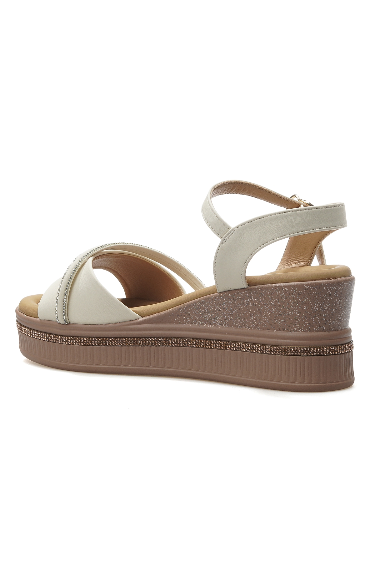 Kadın Dolgu Topuklu Taş Detaylı Günlük Sandalet 25y 25y399-3 Z Krem - Görsel 4