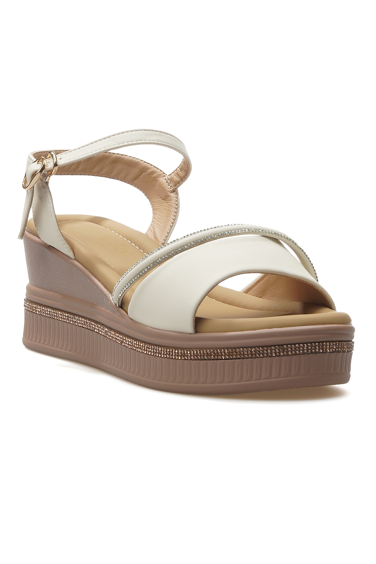 Kadın Dolgu Topuklu Taş Detaylı Günlük Sandalet 25y 25y399-3 Z Krem - Görsel 5