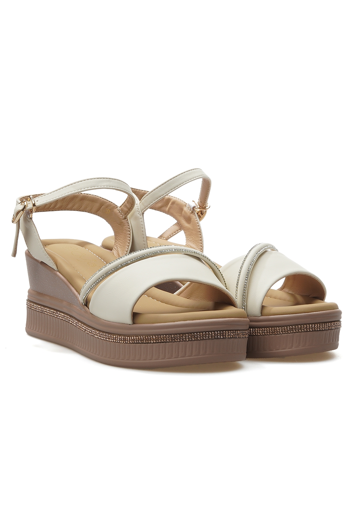 Kadın Dolgu Topuklu Taş Detaylı Günlük Sandalet 25y 25y399-3 Z Krem - Görsel 6
