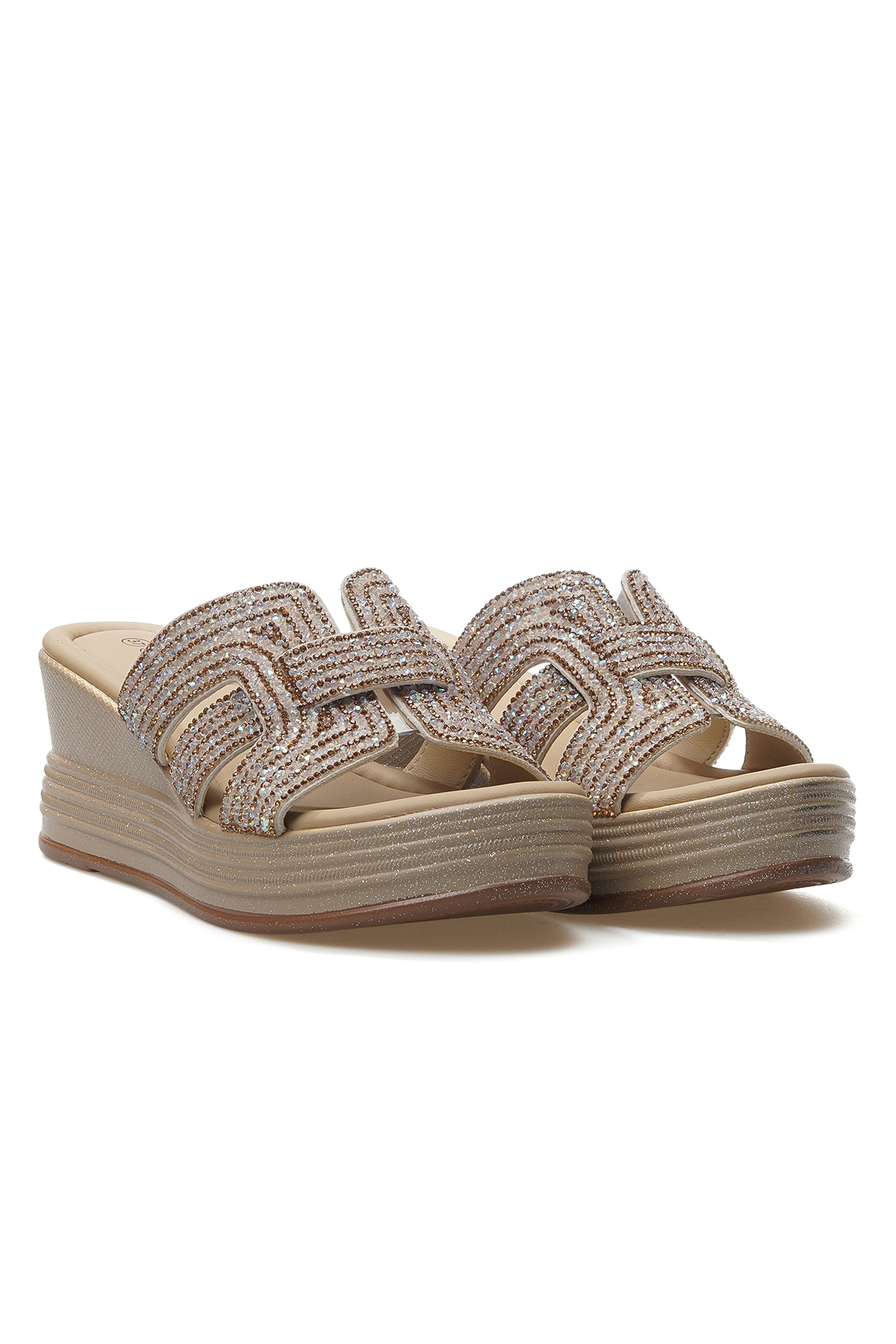 Kadın Dolgu Topuklu Taş Detaylı Günlük Terlik 25y 25y399-1 Z Bej - Görsel 6