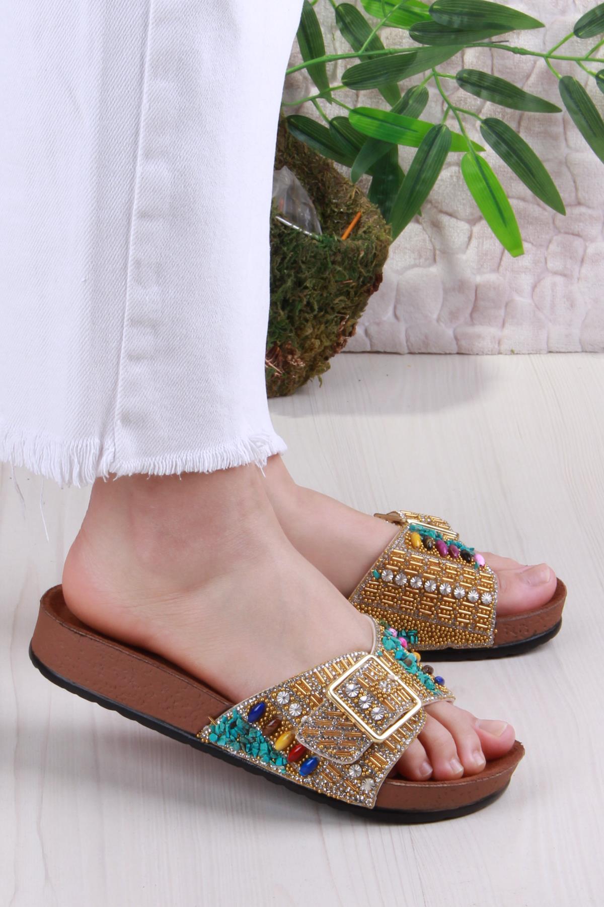 Pienn 20050 Anatomik Rahat Taşlı Boncuklu Tek Tokalı Kadın Terlik - Görsel 2