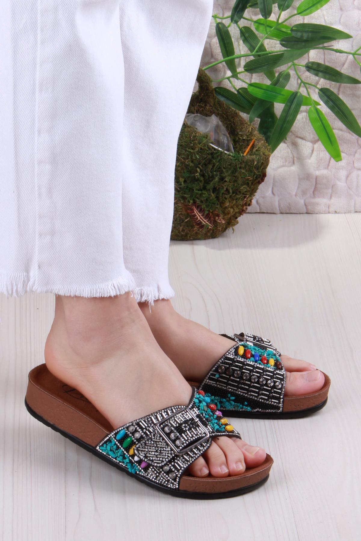 Pienn 20050 Anatomik Rahat Taşlı Boncuklu Tek Tokalı Kadın Terlik - Görsel 2