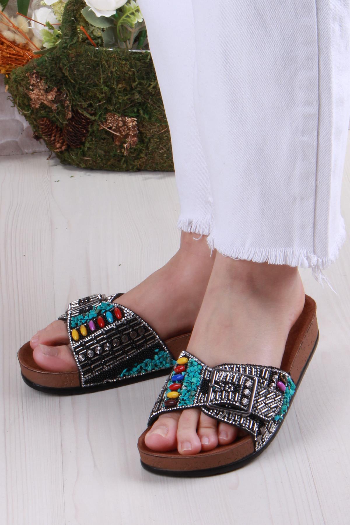 Pienn 20050 Anatomik Rahat Taşlı Boncuklu Tek Tokalı Kadın Terlik - Görsel 4