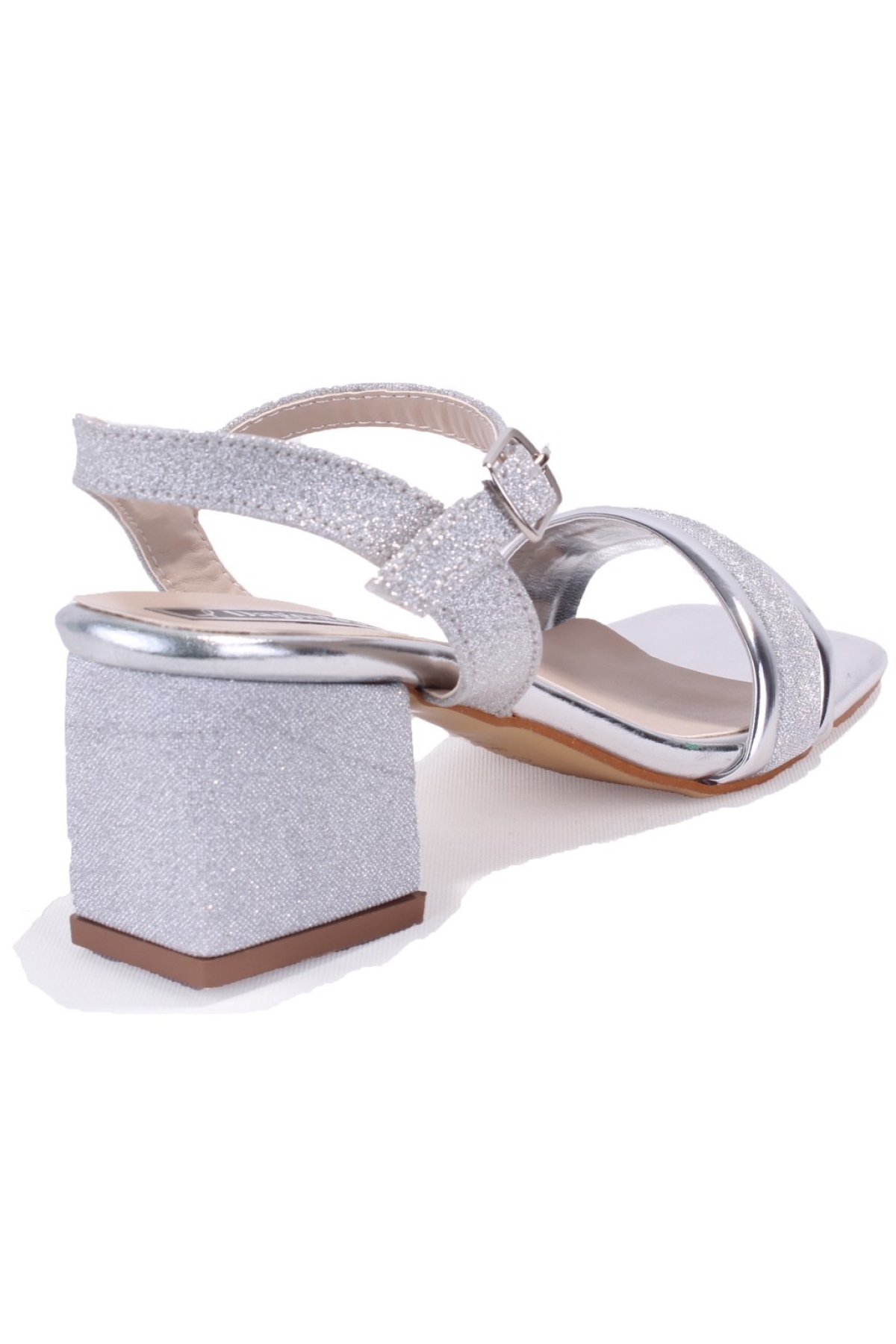 DZA07-12531223 Gümüş Simli Kalın Topuklu Abiye Kadın Ayakkabı - Görsel 5
