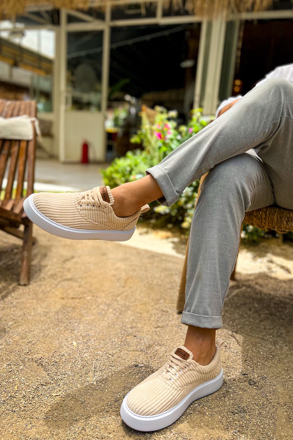 Bağcıklı Kadife Kumaş Erkek Günlük Ayakkabı Bej - Görsel 3