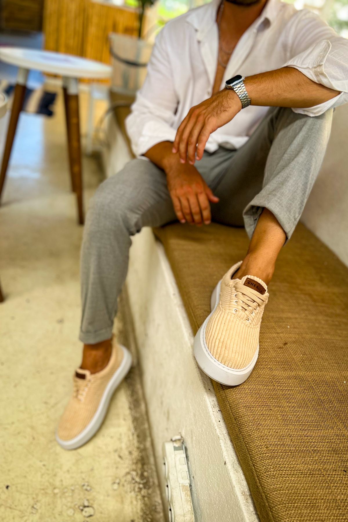 Bağcıklı Kadife Kumaş Erkek Günlük Ayakkabı Bej - Görsel 5