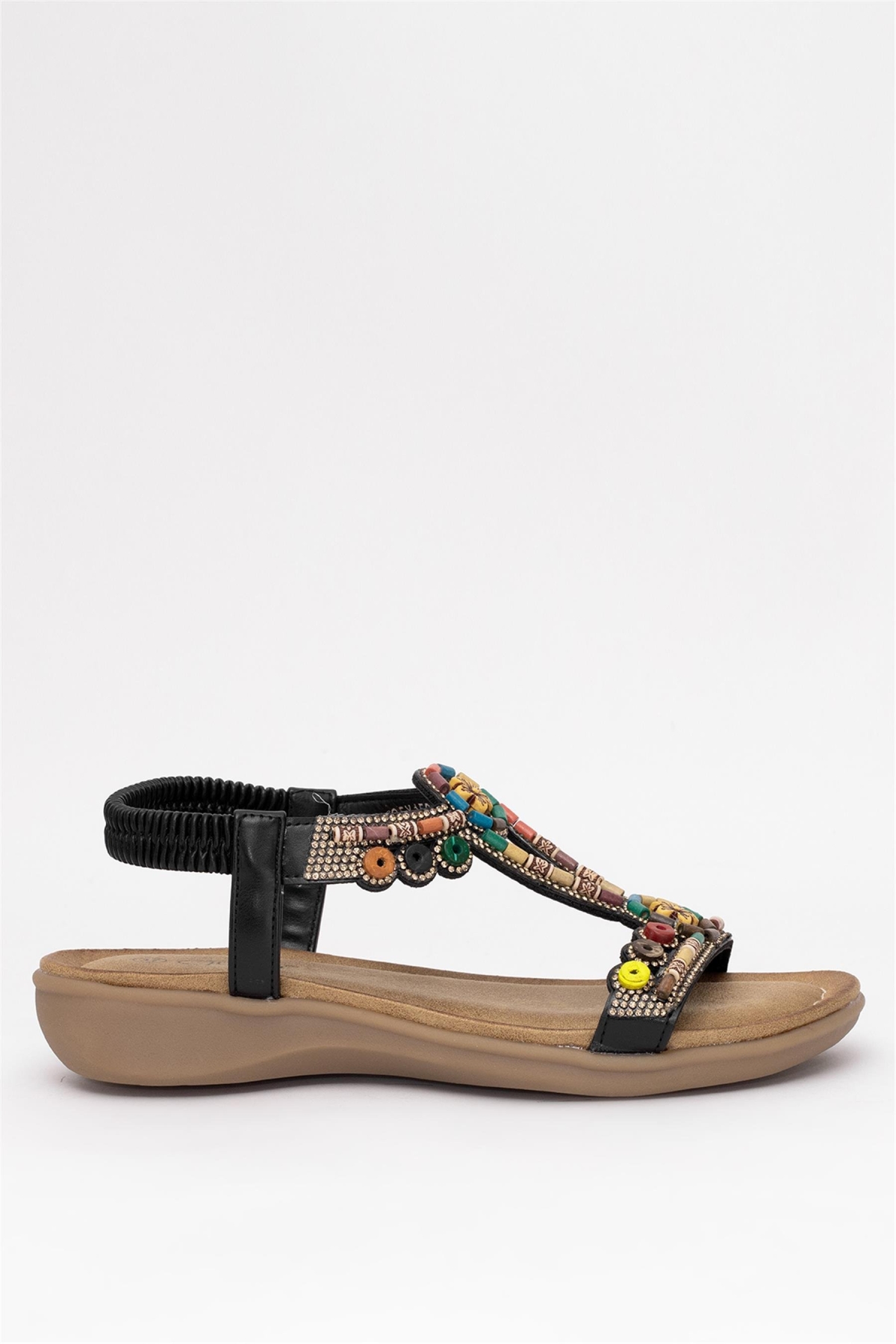 25Y150-1 Kadın Taşlı Düz Sandalet Siyah - Görsel 2