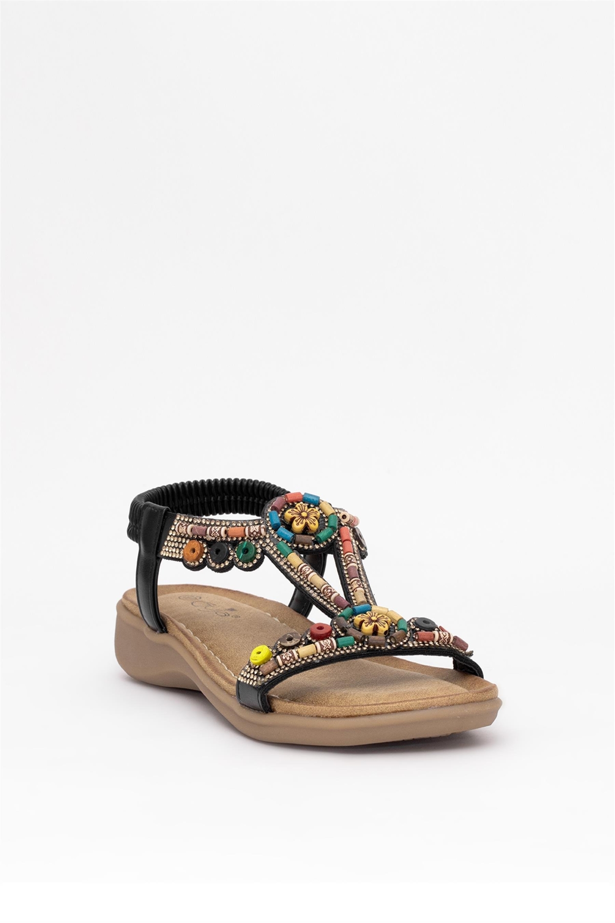 25Y150-1 Kadın Taşlı Düz Sandalet Siyah - Görsel 3