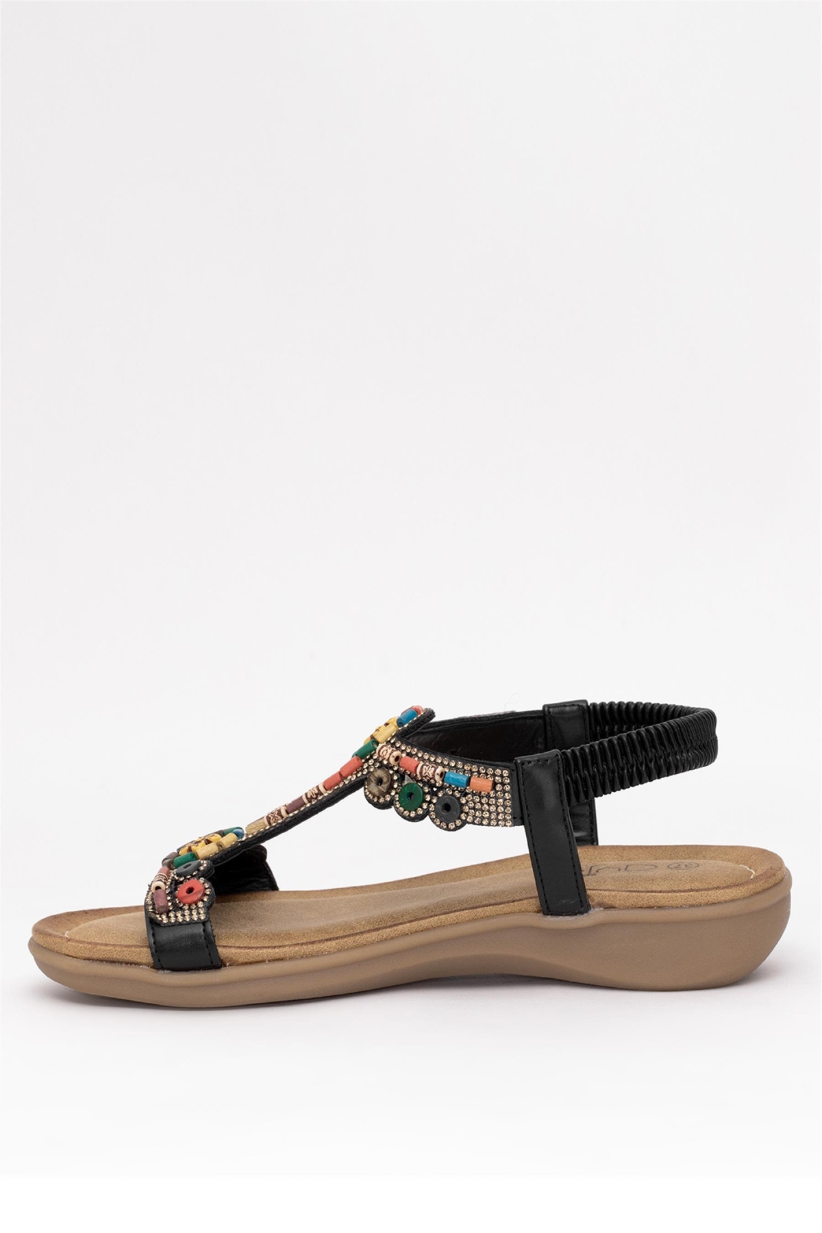 25Y150-1 Kadın Taşlı Düz Sandalet Siyah - Görsel 4