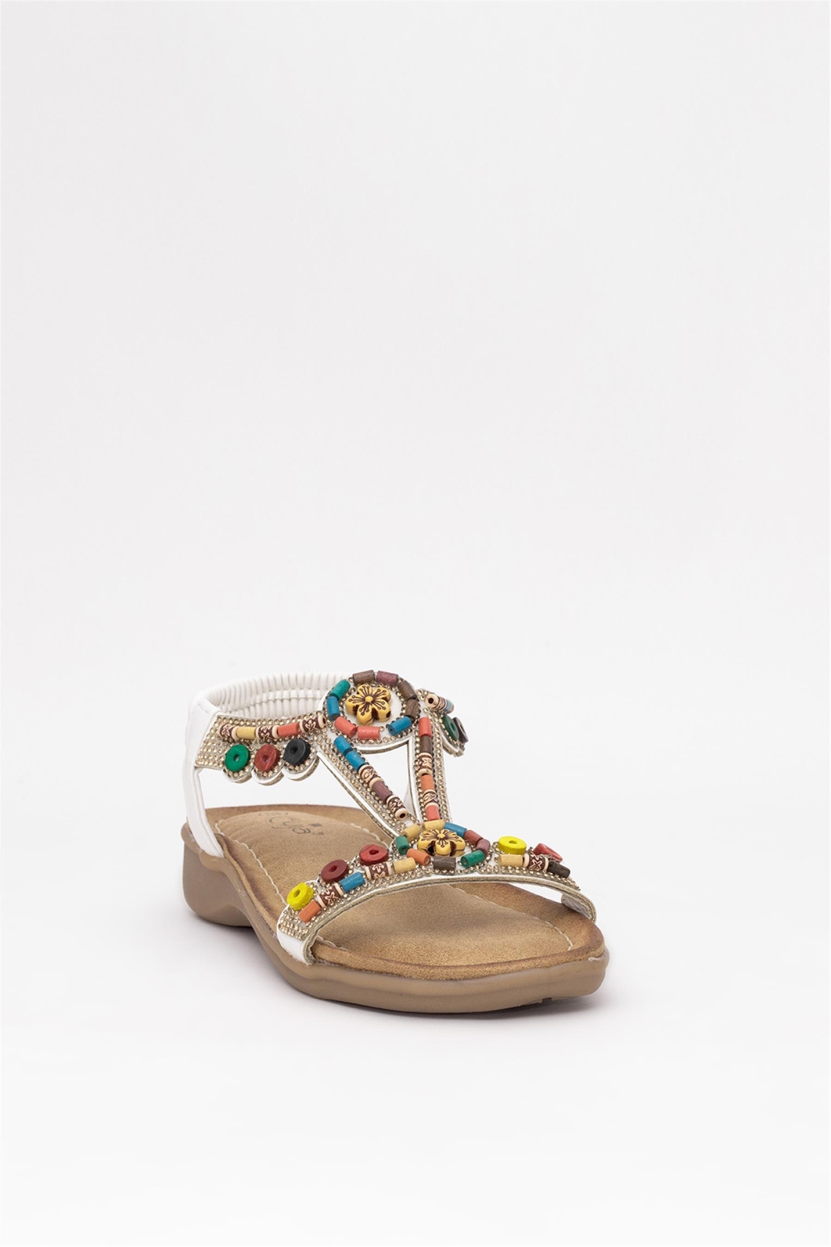 25Y150-1 Kadın Taşlı Düz Sandalet Beyaz - Görsel 3