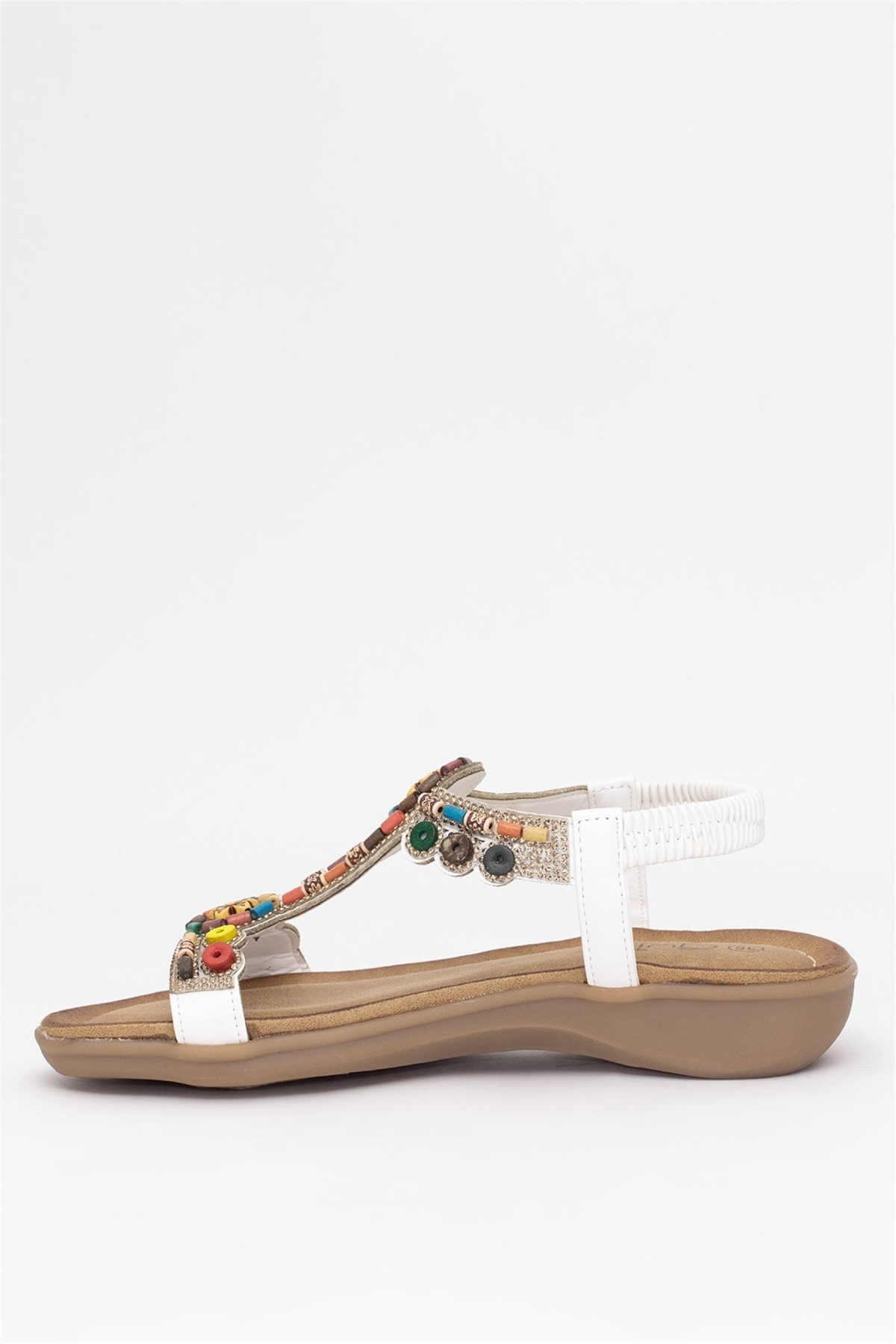 25Y150-1 Kadın Taşlı Düz Sandalet Beyaz - Görsel 4