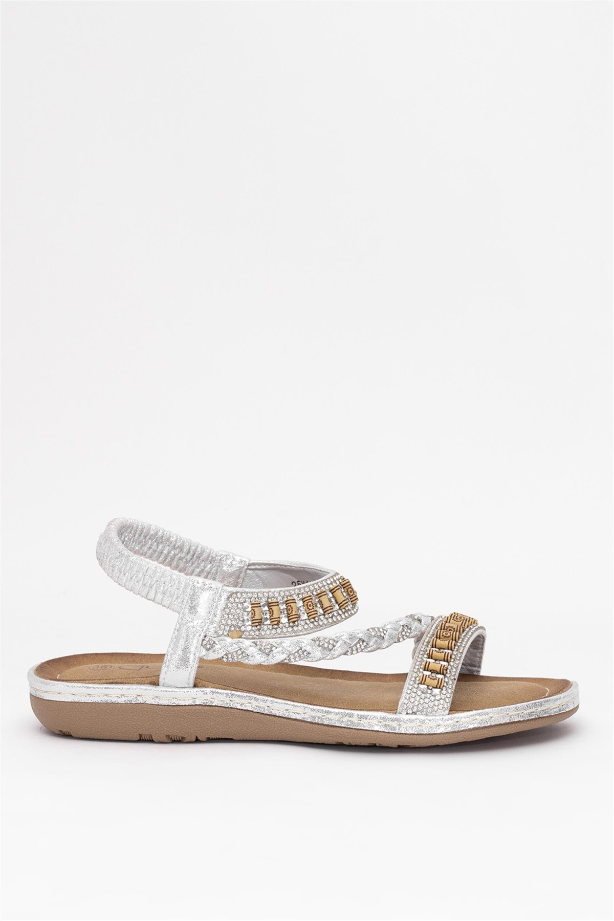 25Y152-1 Kadın Taşlı Düz Sandalet Gümüş - Görsel 2