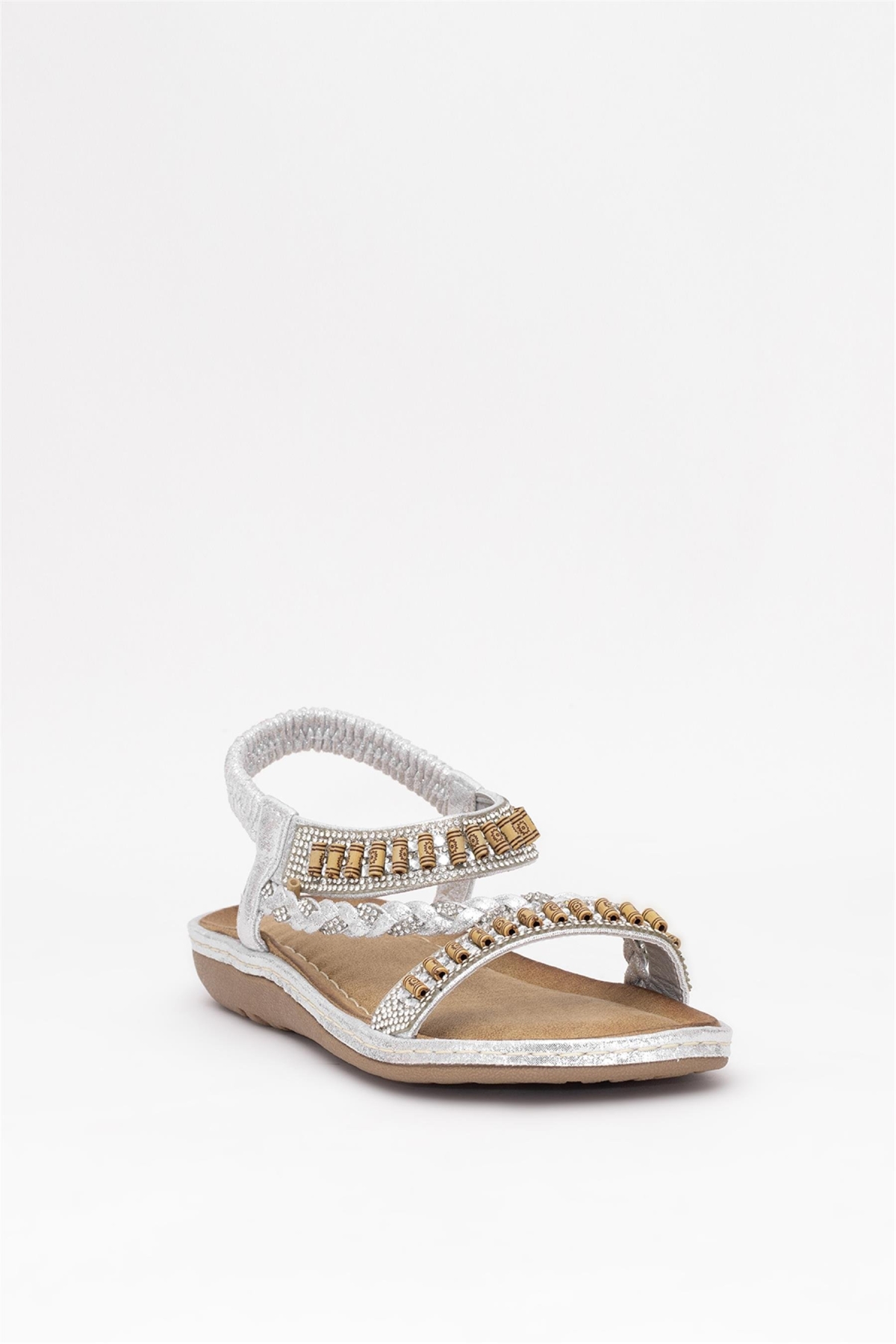 25Y152-1 Kadın Taşlı Düz Sandalet Gümüş - Görsel 3